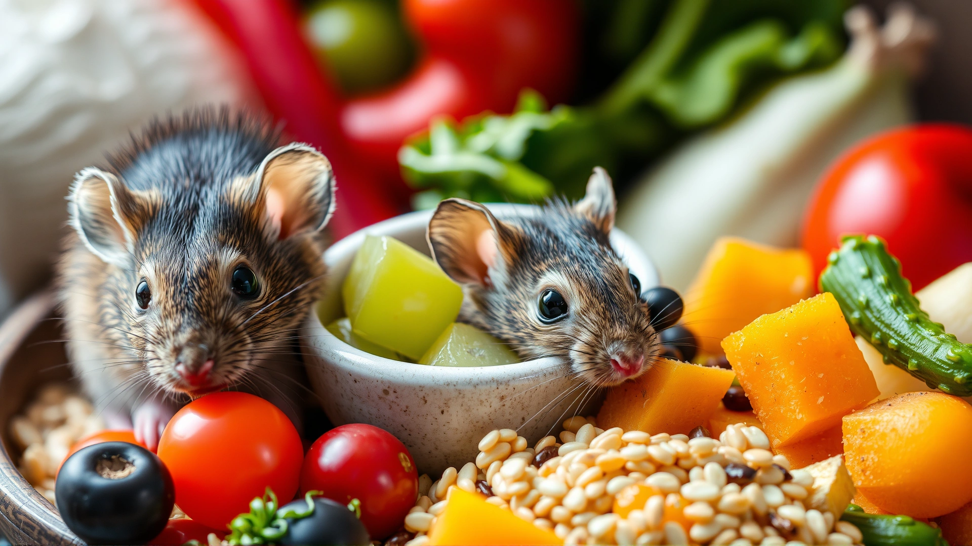 Colorful assortment of fresh vegetables and whole grains arranged in a small bowl next to a nibbling rat