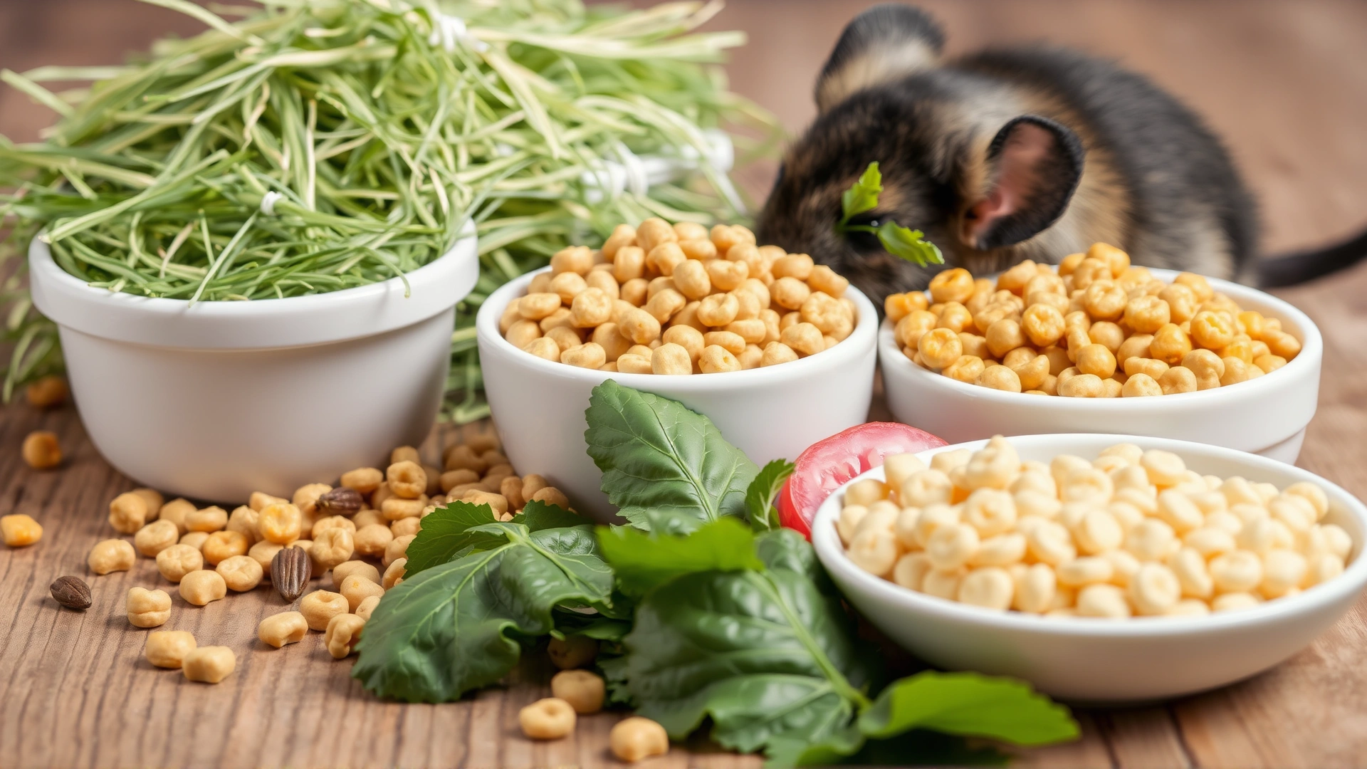 Arrangement of chinchilla-safe foods rich in thiamine such as fresh hay, commercial pellets, and leafy greens on a wooden surface