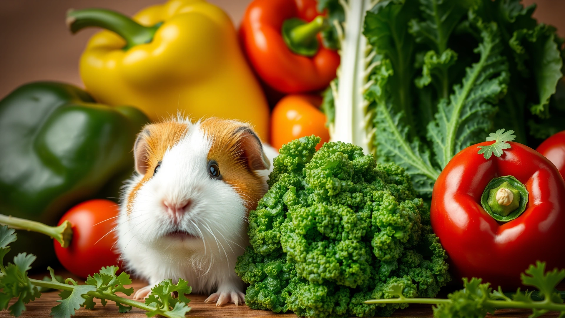 Fresh assortment of guinea-pig-safe vegetables (bell peppers, kale, lettuce) arranged beside a happy, alert guinea pig