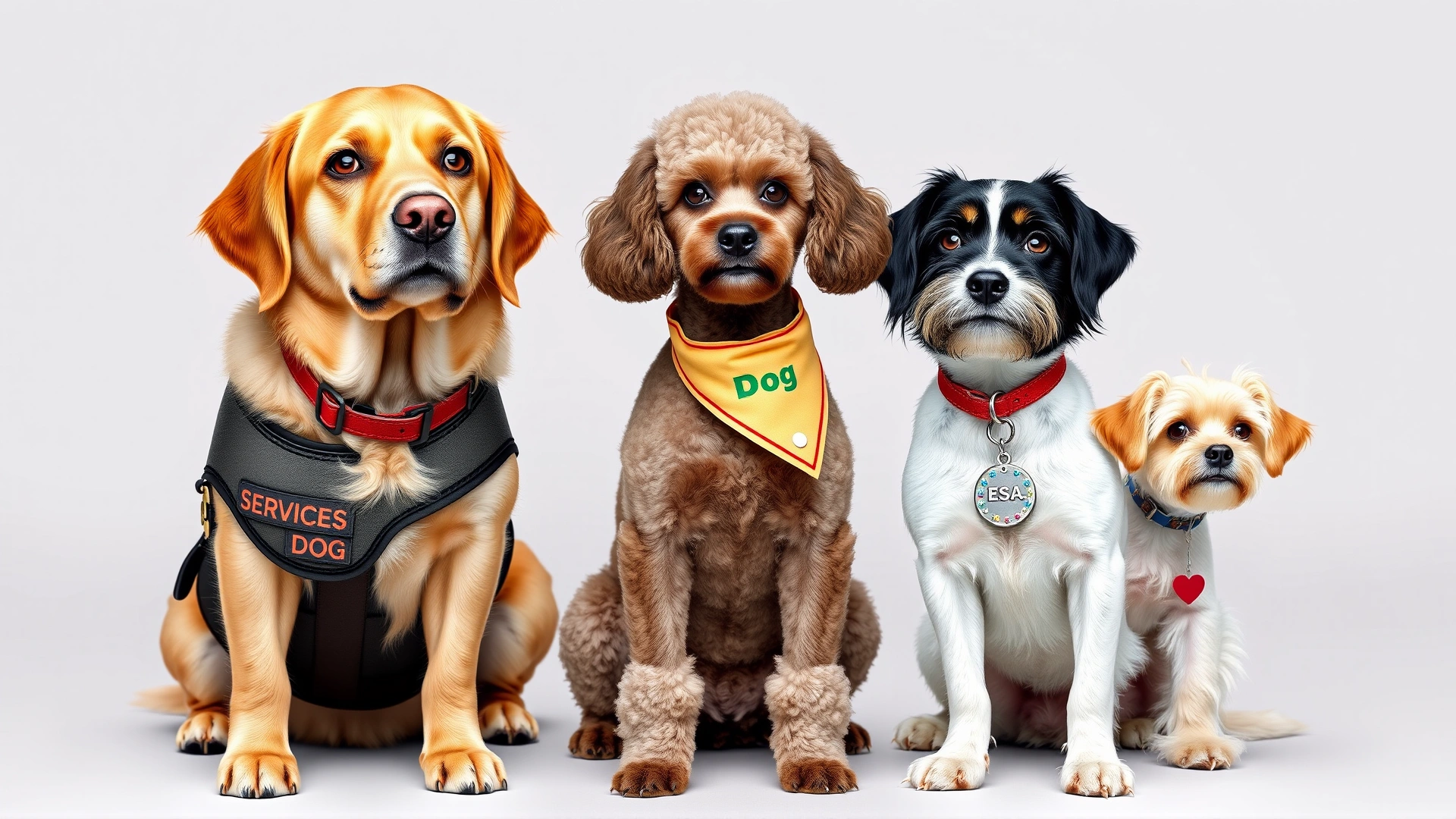 Three dogs side by side: a golden retriever in a service dog vest, a poodle wearing a therapy dog bandana, and a small mixed-breed dog with an ESA tag, photographed on a neutral studio background.