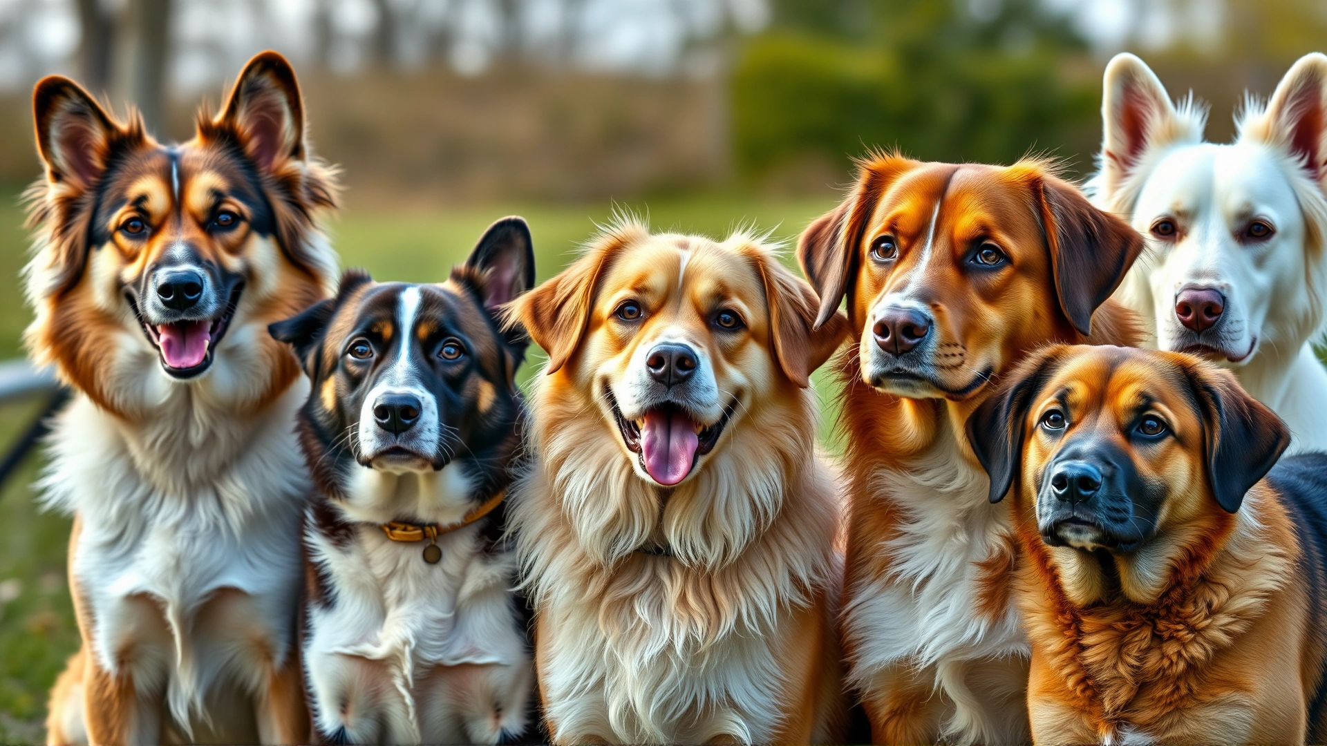 Group of diverse dog breeds sitting together outdoors, each showing distinct personalities.
