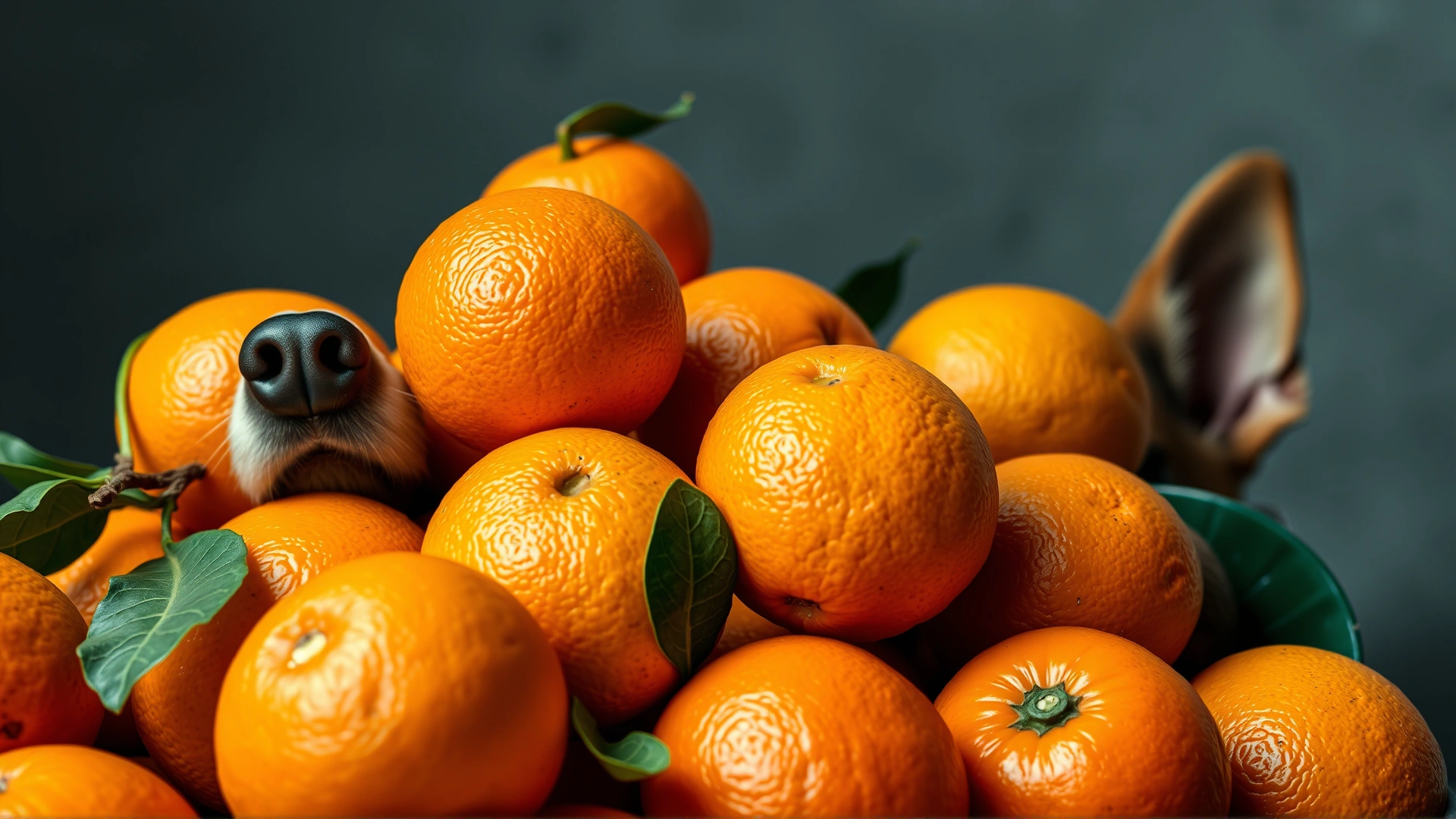 Variety of citrus fruits (oranges, mandarins, tangerines, clementines) piled in a rustic bowl with a curious dog nose entering the frame from the side, playful composition
