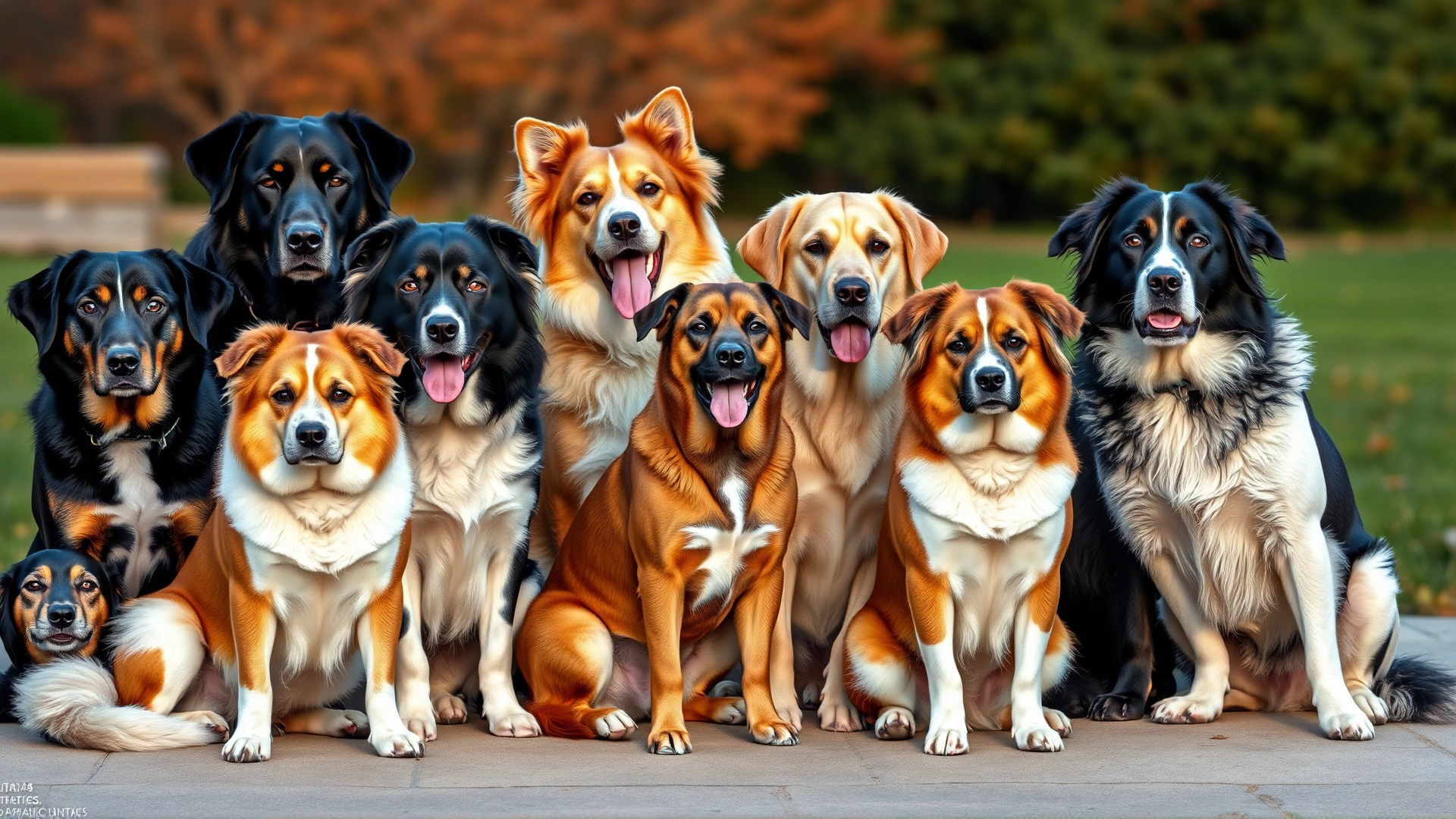 Group of various dog breeds of different sizes sitting together outdoors, illustrating diversity in dog body types.