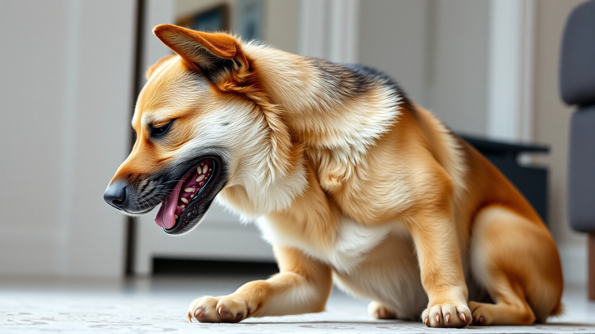 A medium-sized dog sitting with its neck extended and mouth slightly open, struggling to breathe; indoor environment with soft lighting.