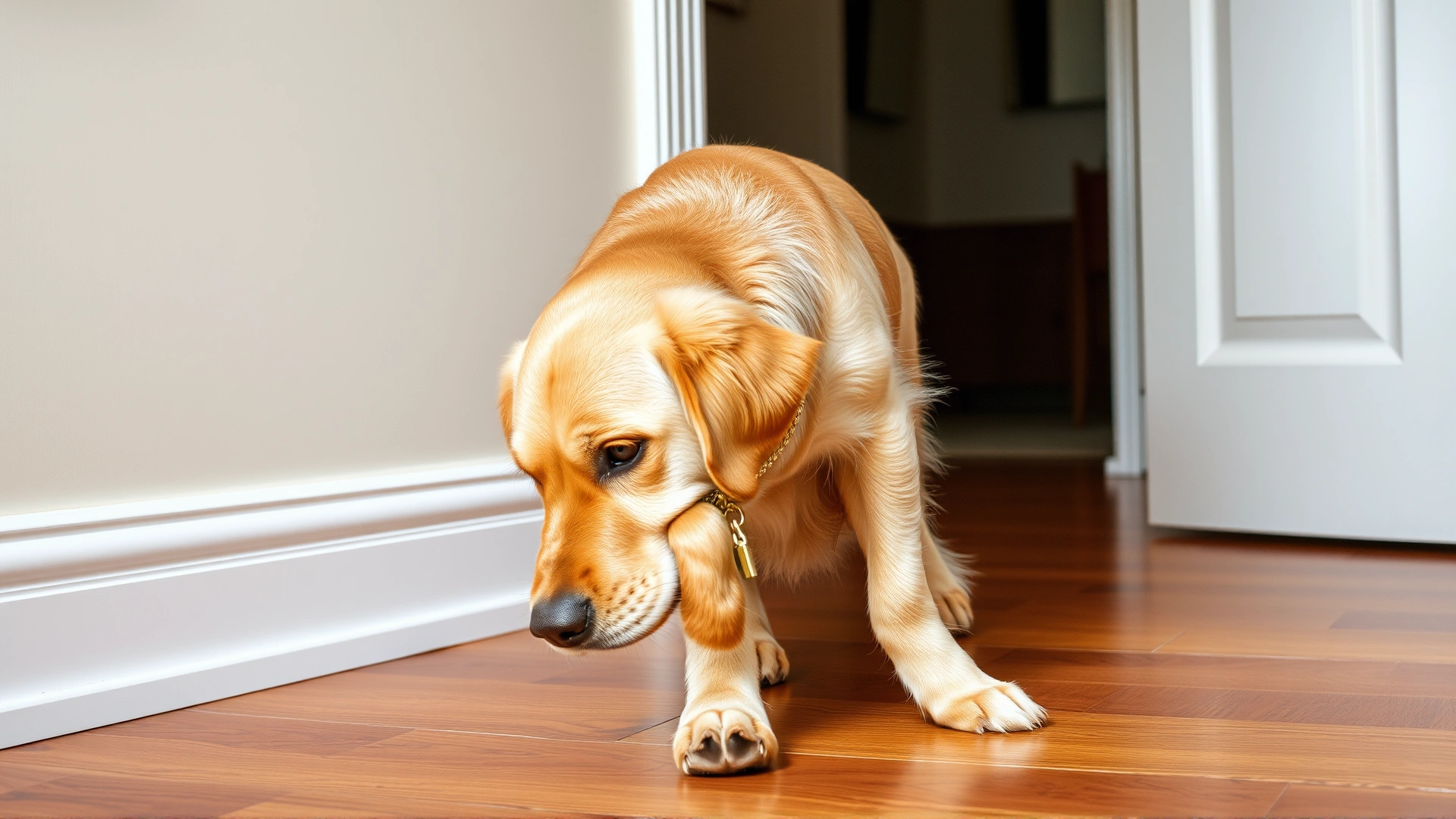 An elderly Golden Retriever struggling to stand up from a wooden floor, showing visible stiffness in the hind legs