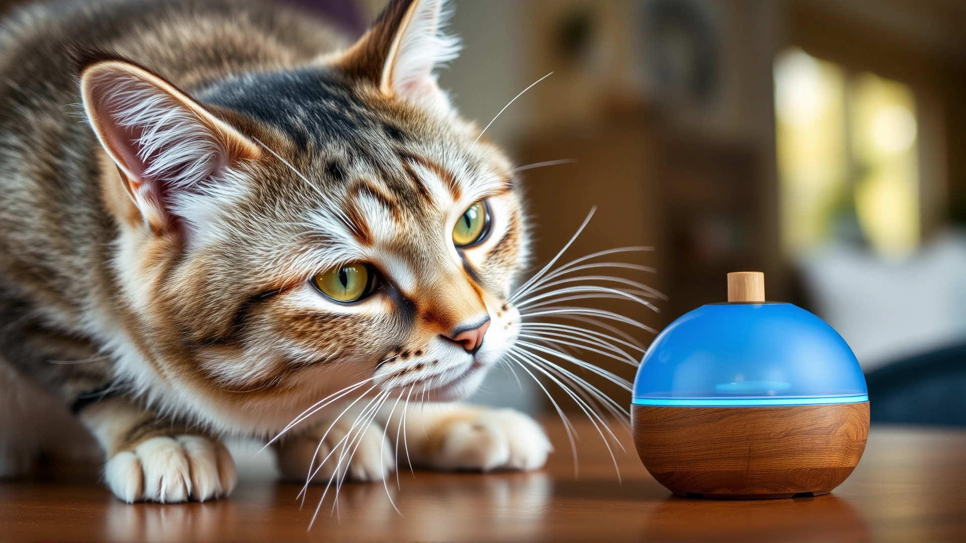 Close-up of a curious domestic short-hair cat sniffing an essential oil diffuser placed on a wooden table, soft natural lighting.