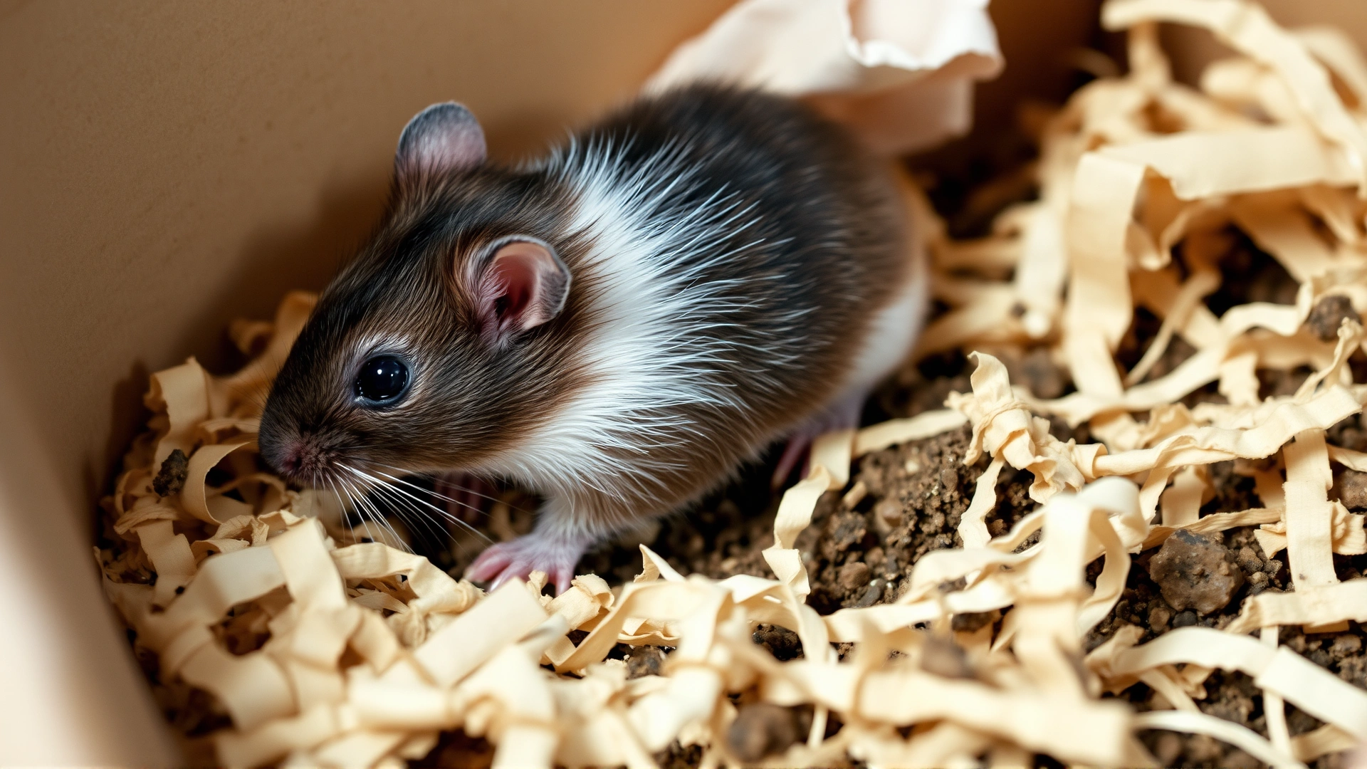 Pet rat digging enthusiastically in a box filled with shredded paper and safe soil-like substrate