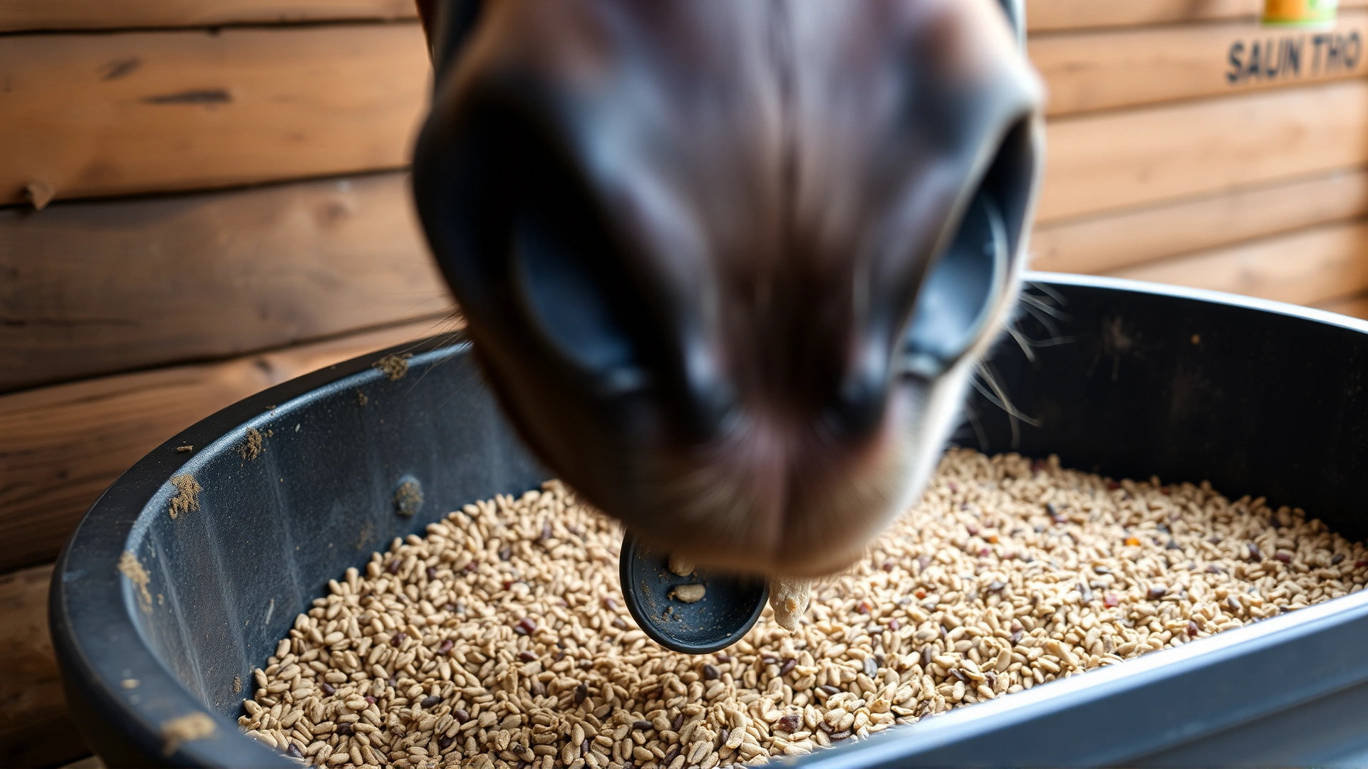 Horse eating mixed feed in a rubber tub with visible granules of probiotics and flaxseed