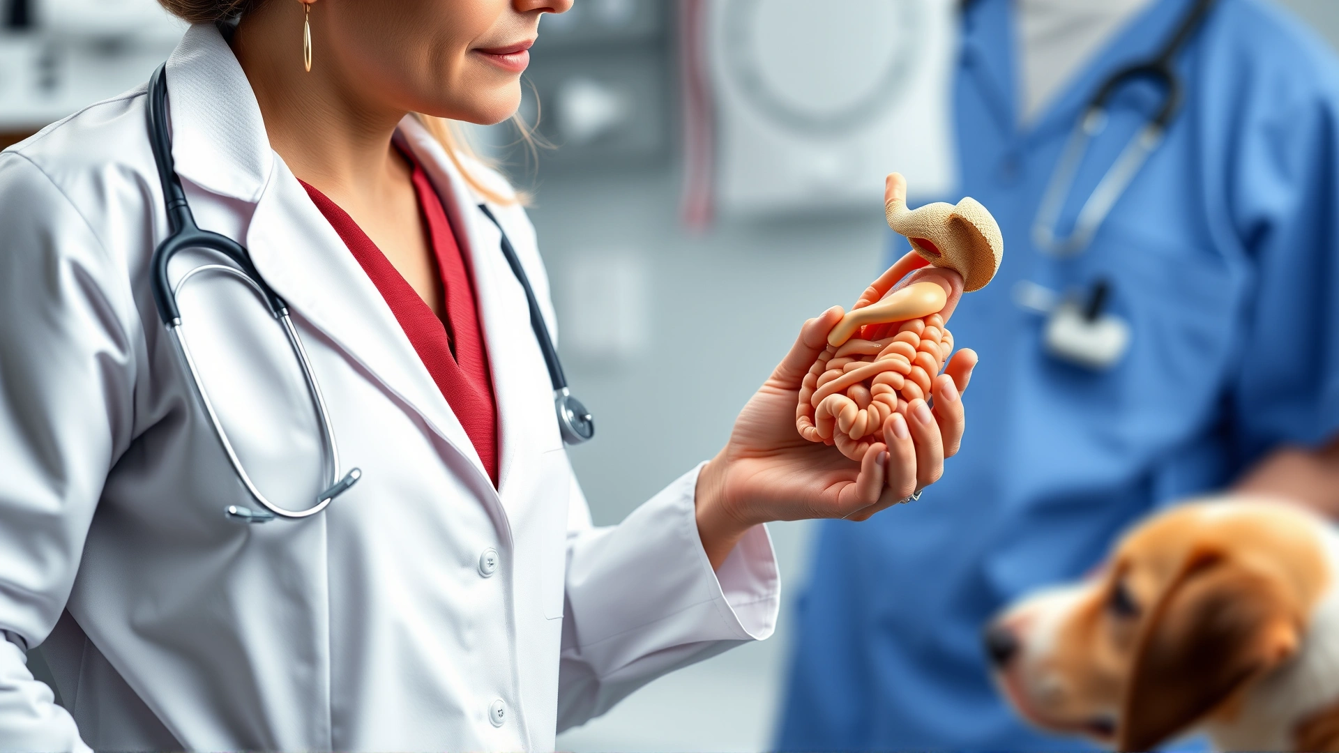 Veterinarian holding a small 3D digestive tract model while explaining to a dog owner, clinic background