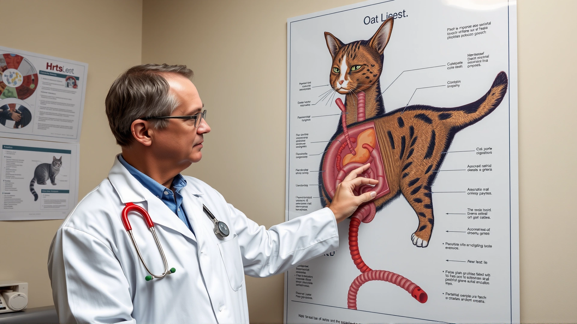 Illustrative photo of a veterinarian pointing at a large anatomical poster of a cat’s digestive system in a clinic setting, no text visible on the poster.