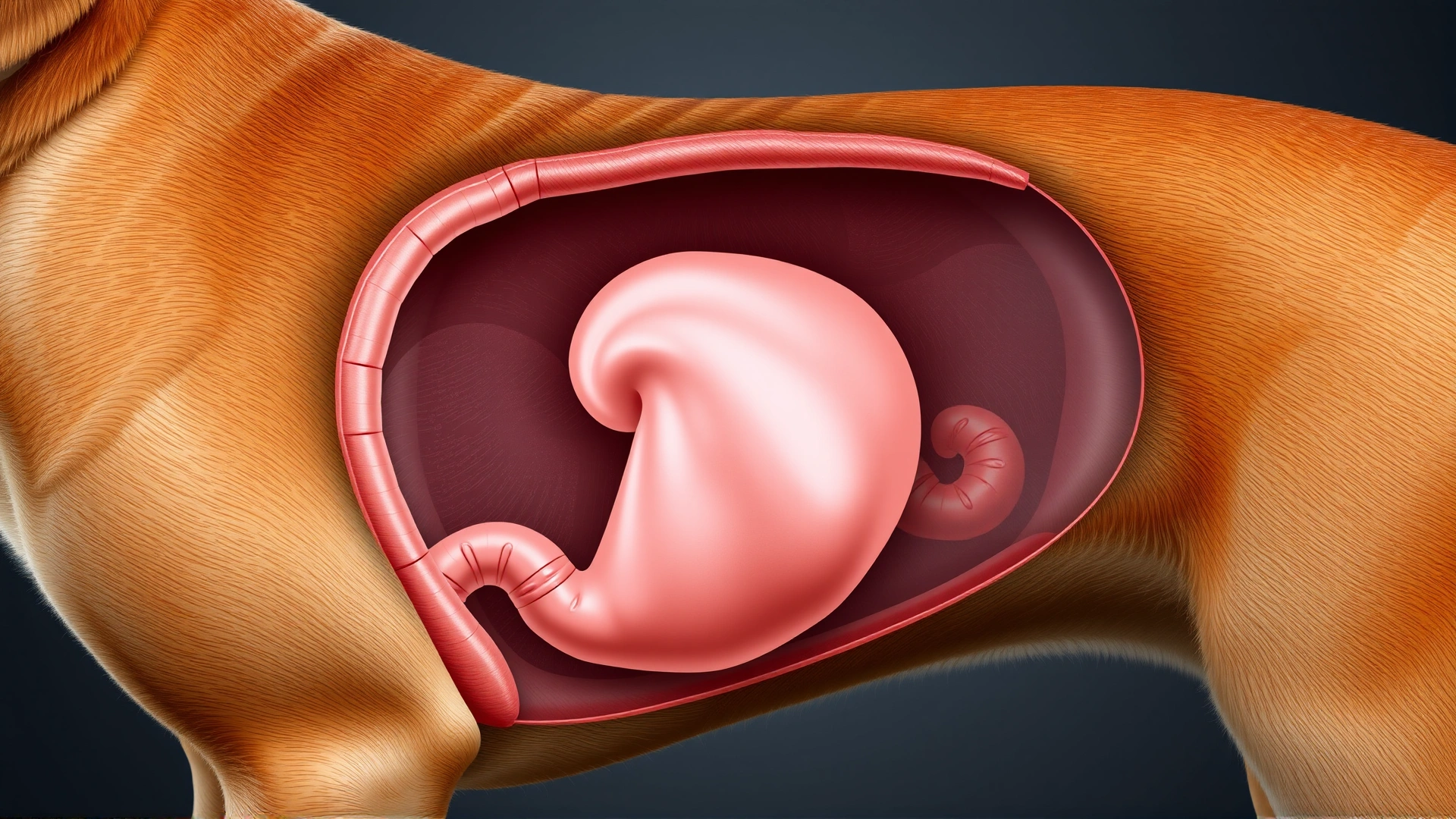 Realistic illustration of a dog’s upper digestive tract highlighting the esophagus, stomach, and small intestine in soft anatomical colors, no text