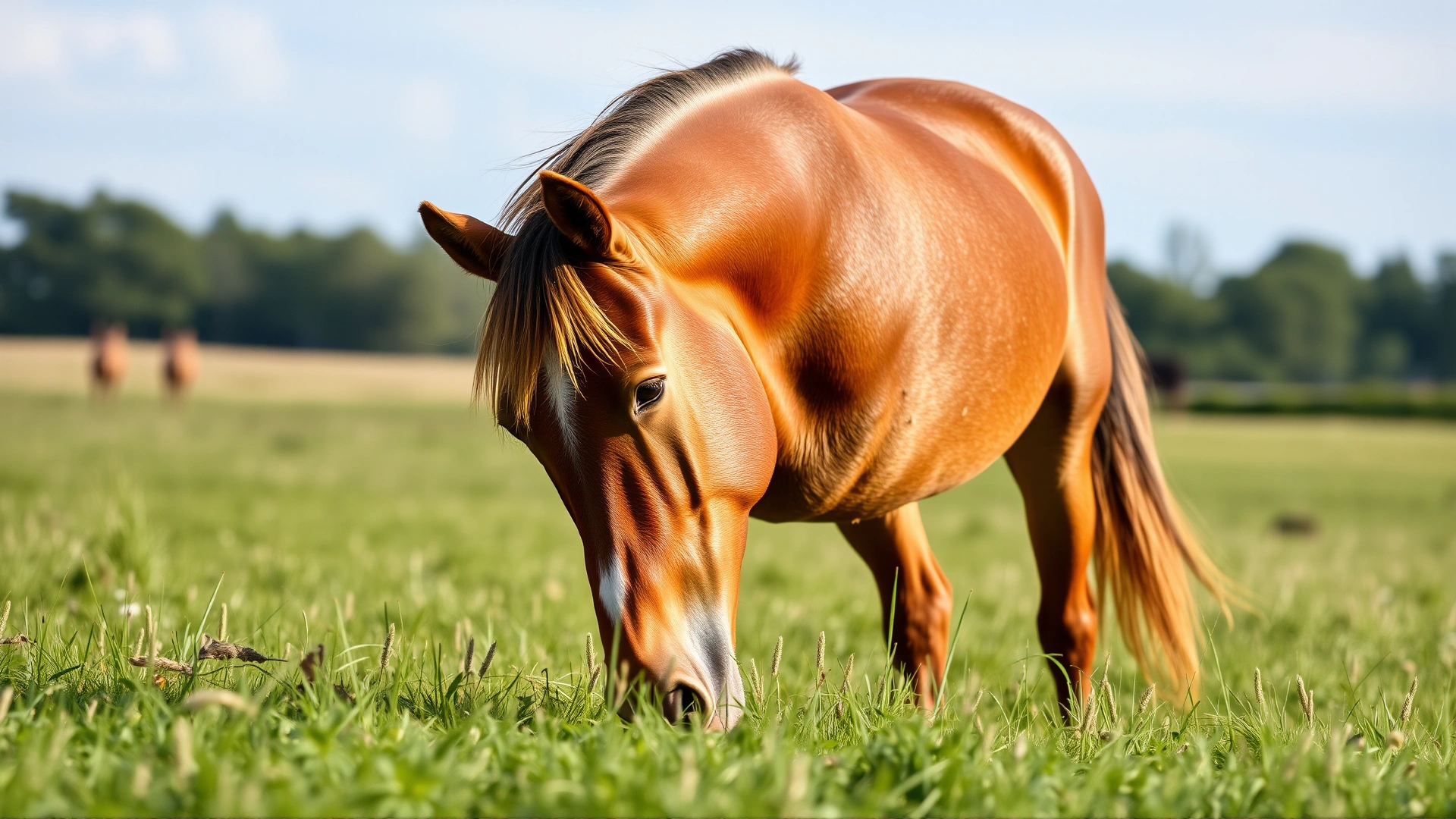 Natural light photograph of a horse calmly grazing on fresh pasture, head down, illustrating feeding behavior, no text