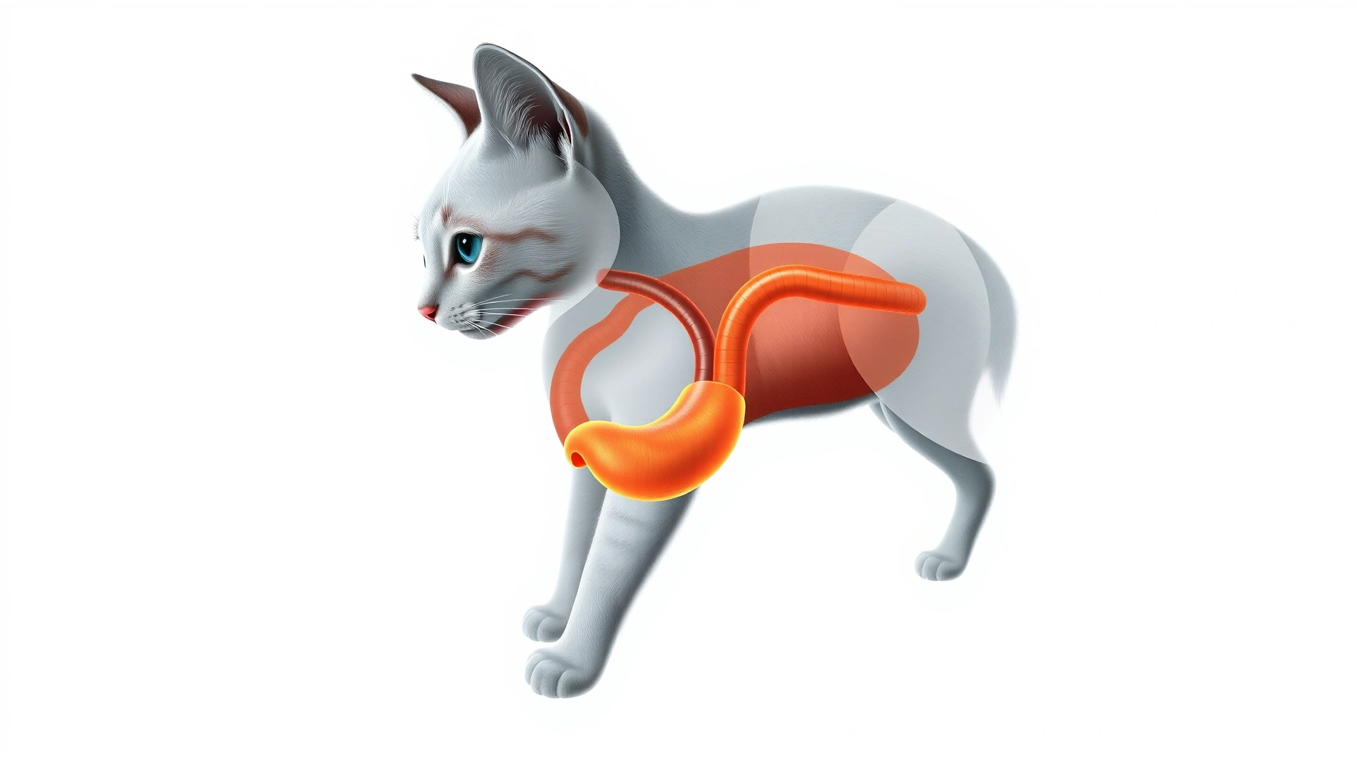 Realistic medical illustration of a feline digestive tract highlighting stomach and bile flow, no text, clean white background