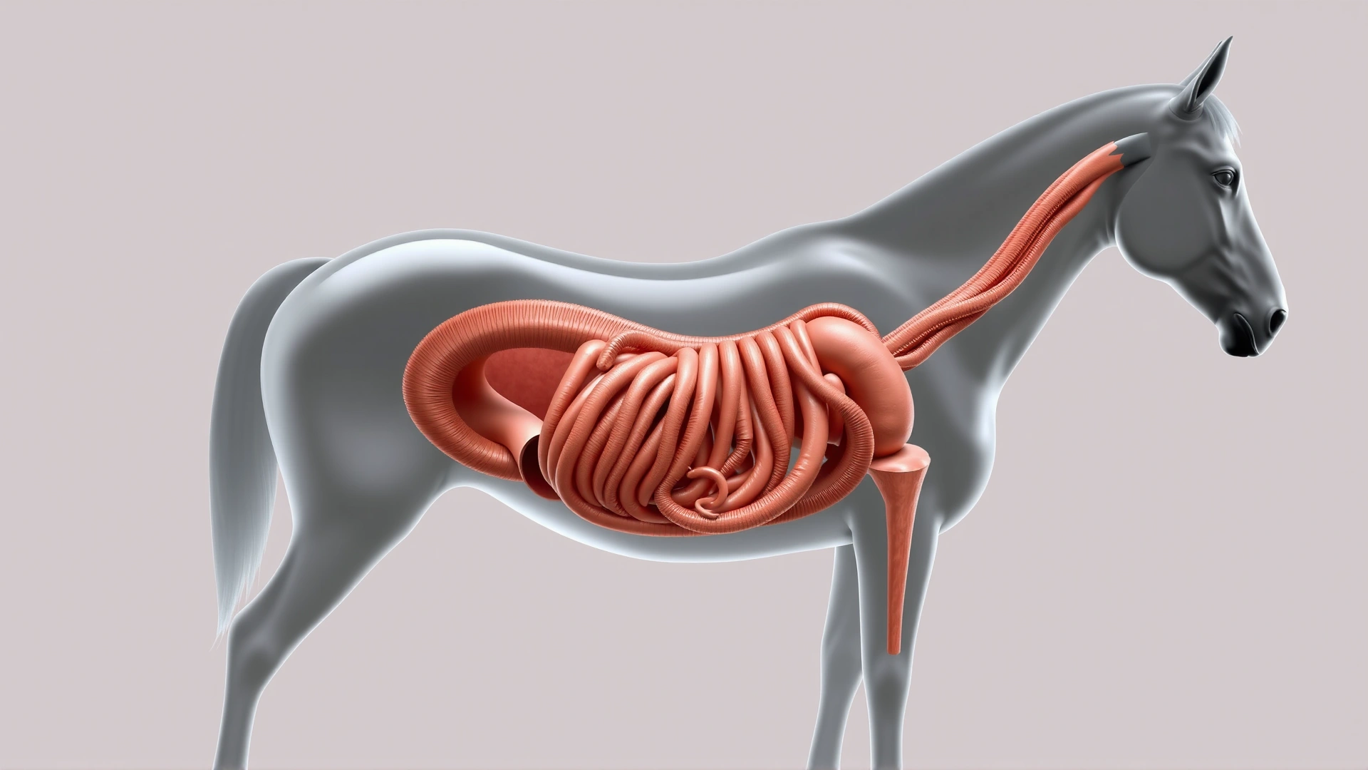 Realistic digital illustration of the internal digestive tract of a horse inside a semi-transparent horse silhouette, lateral view, no labels or text