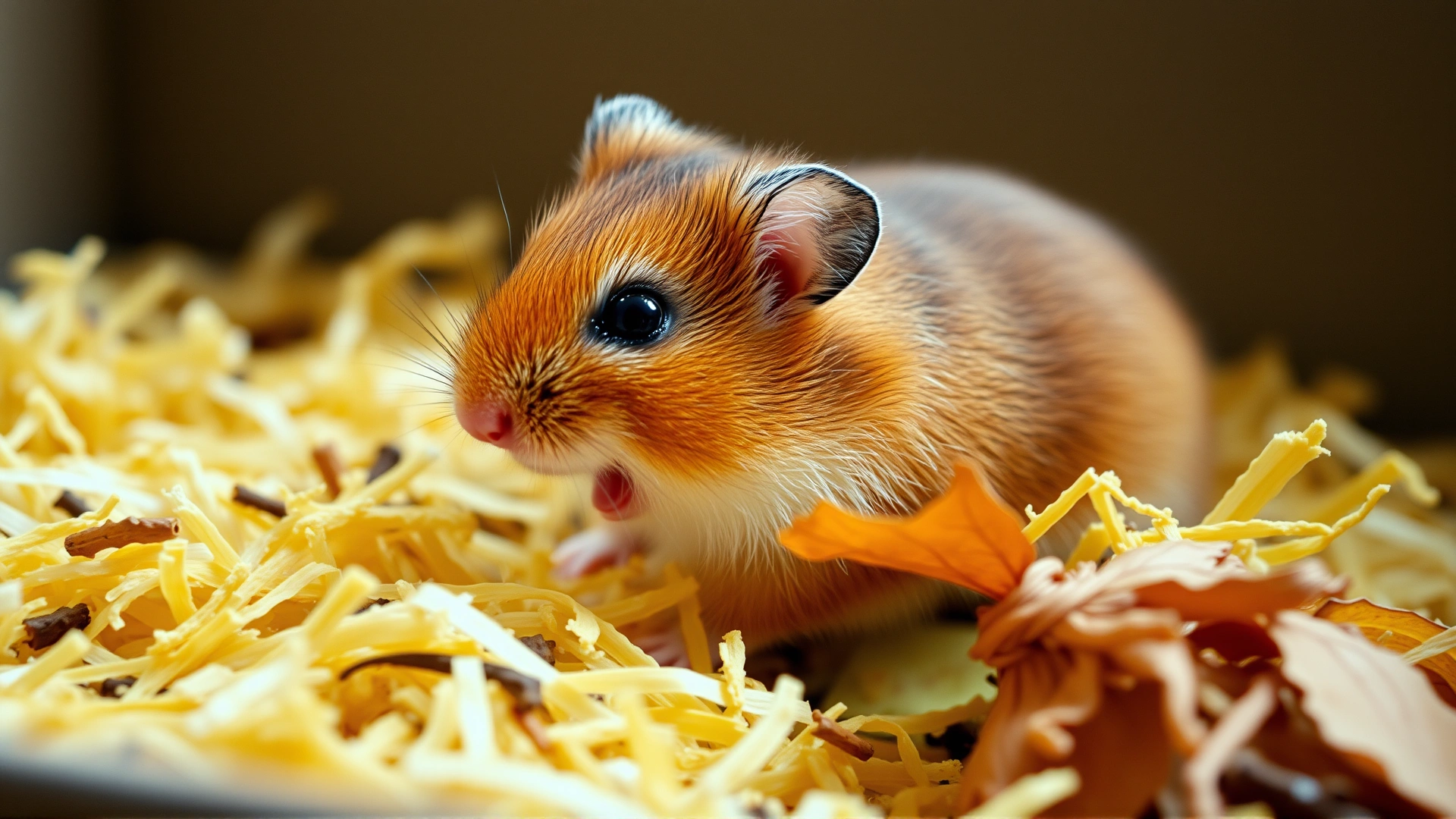 Hamster enthusiastically digging in a box filled with aspen shavings and dried leaves – dynamic action shot, medium close-up