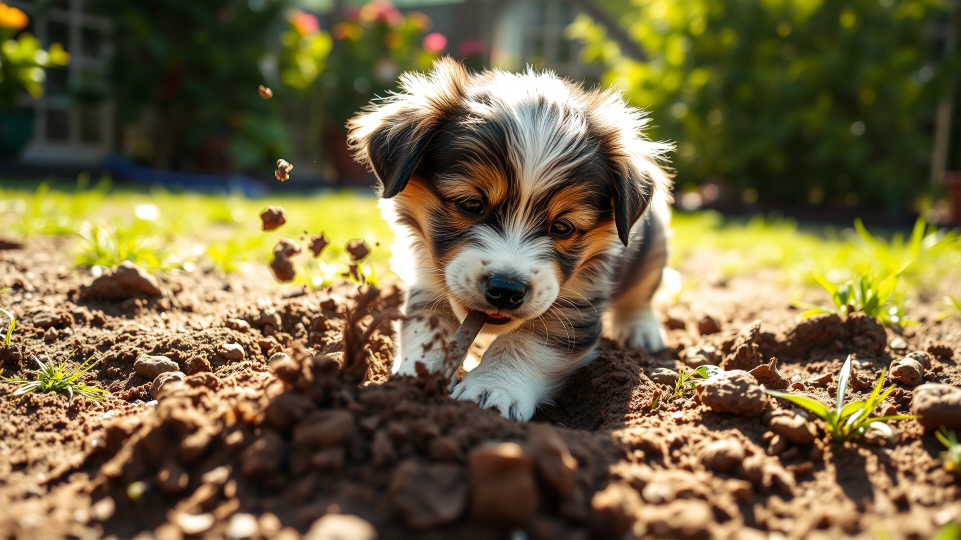 Puppy enthusiastically digging a hole in garden soil with dirt flying, sunny afternoon, no text