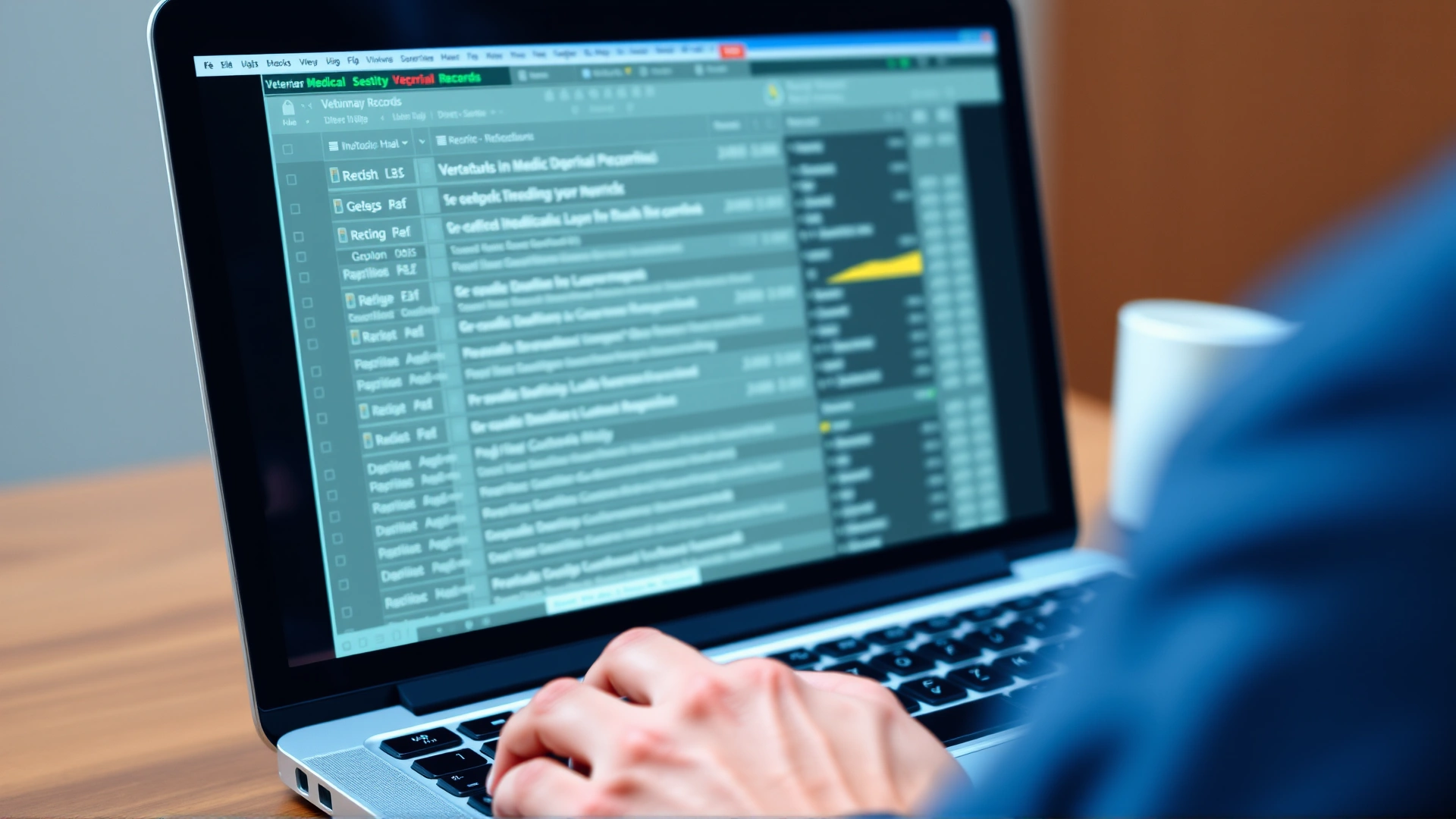Laptop screen displaying blurred veterinary medical records with a veterinarian’s hand typing, emphasizing digital data security.