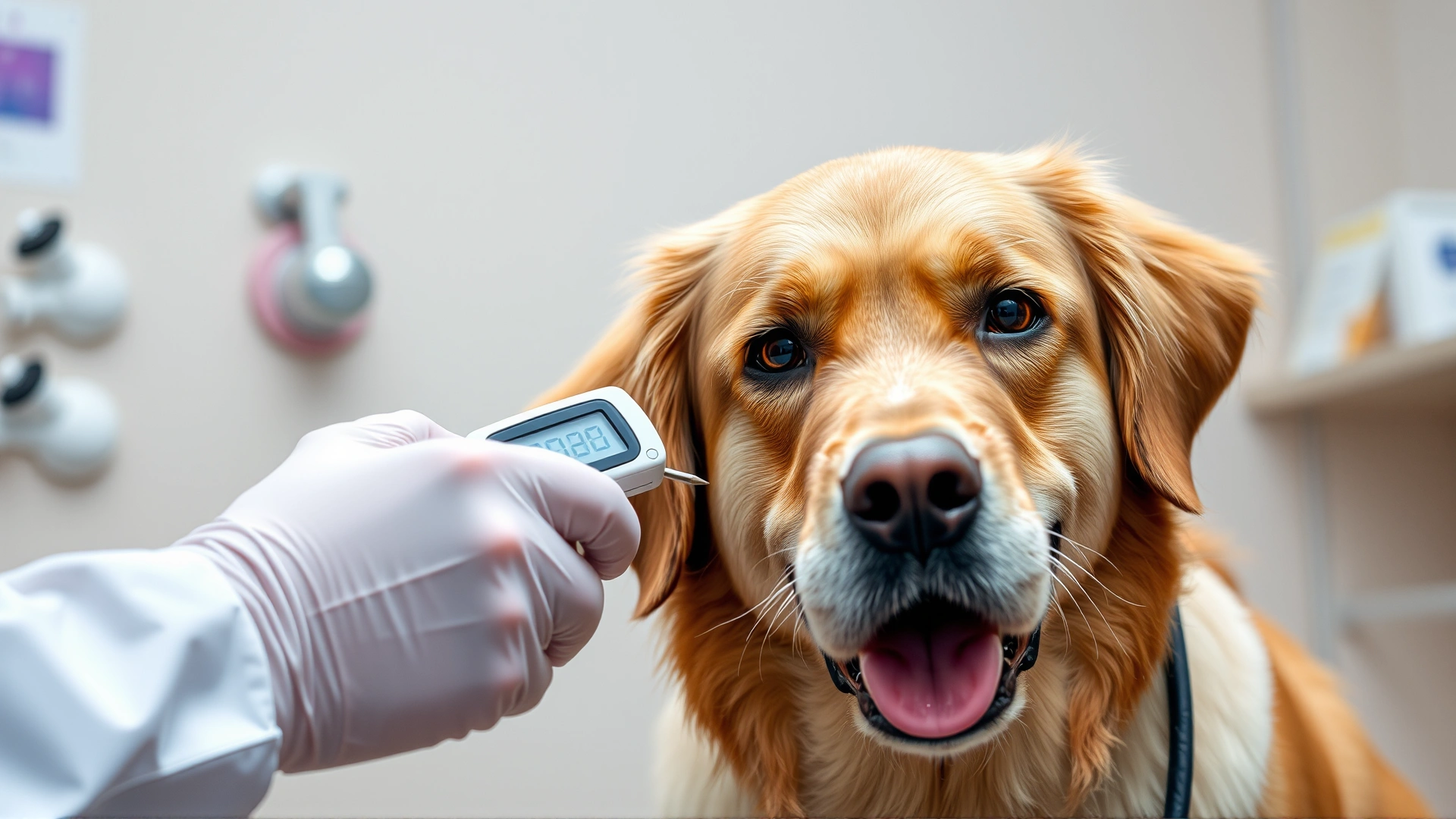 Vet measuring a golden retriever’s temperature with a digital rectal thermometer, clinic setting, soft lighting