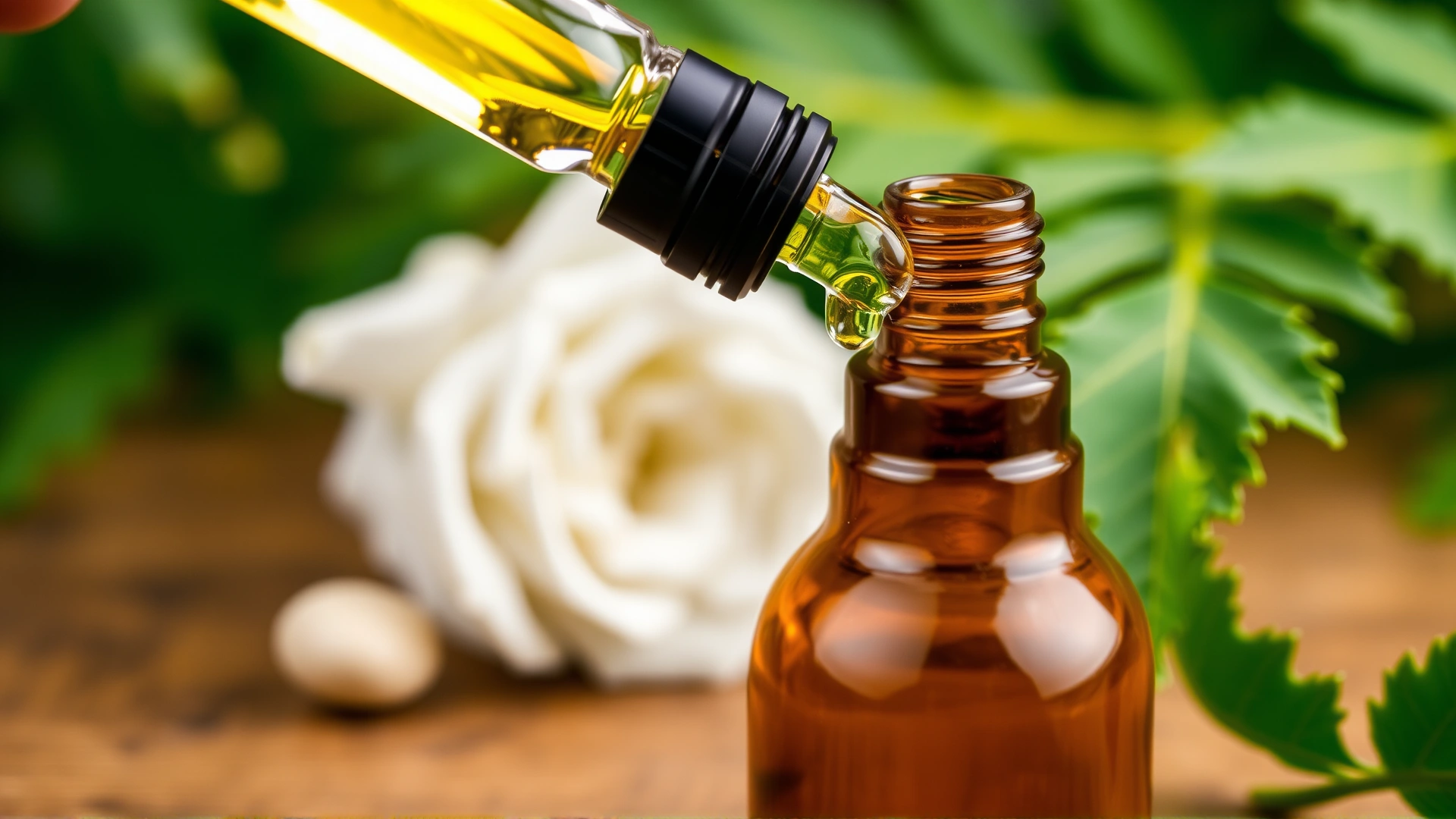 Macro shot of a glass dropper adding neem oil into a small amber bottle filled with carrier oil on a wooden table, DIY concept, soft focus.