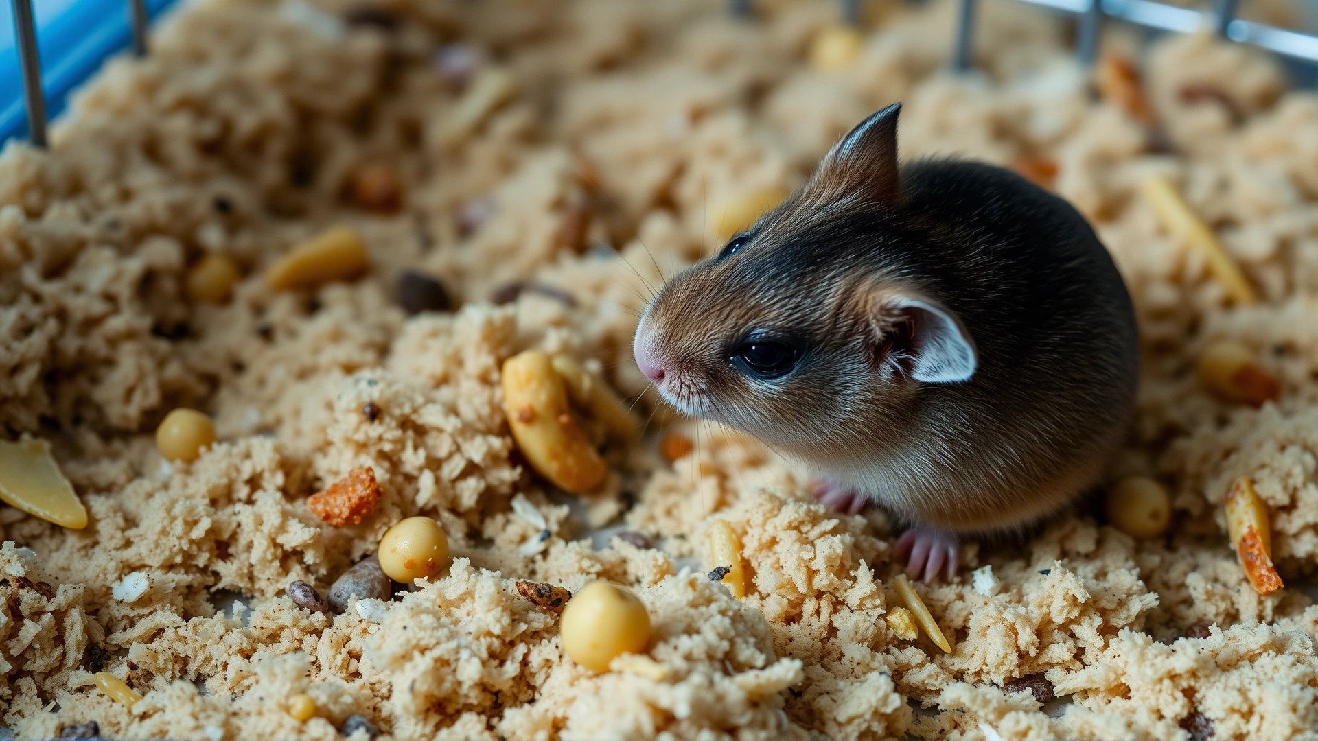 Macro photo showing soiled hamster bedding with visible food debris and moisture to illustrate poor cage hygiene.