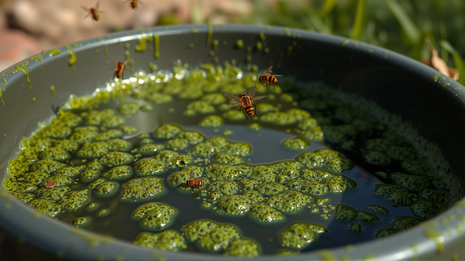 Close-up of an outdoor plastic dog bowl covered with green algae and biofilm, flies hovering, emphasizes contamination, no text