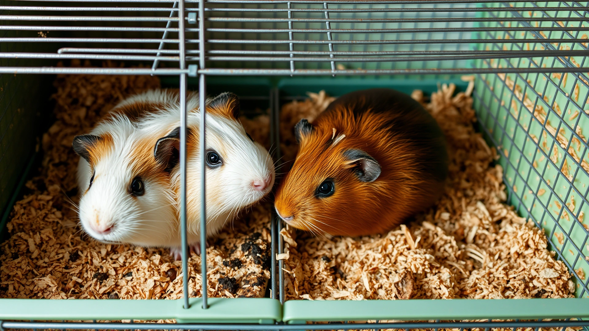 High-angle photo showing two guinea pig cages side by side: one dirty with soiled bedding, the other clean with fresh bedding, no text