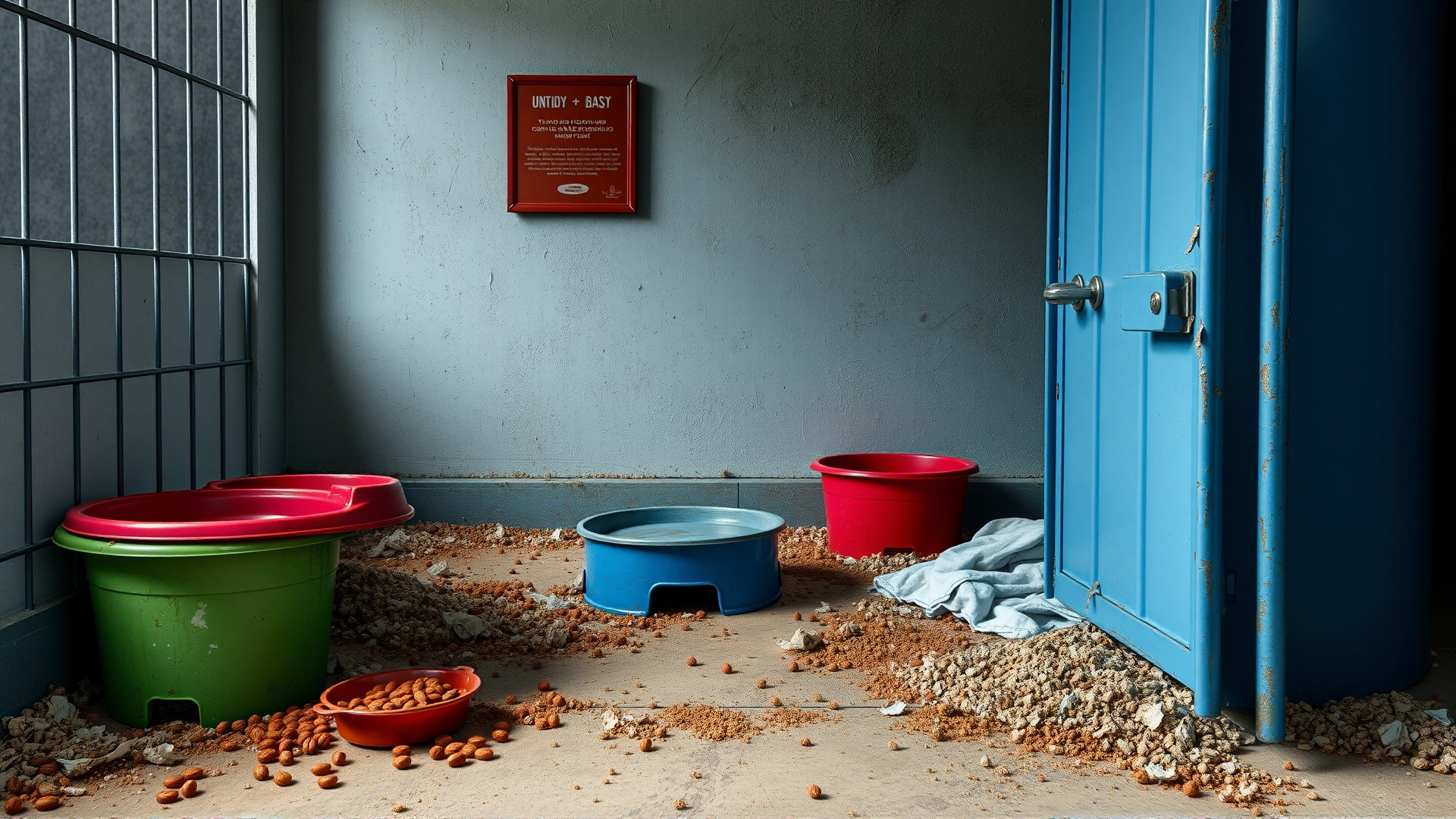 Untidy dog kennel with spilled water bowls, scattered food, and unclean bedding visible.