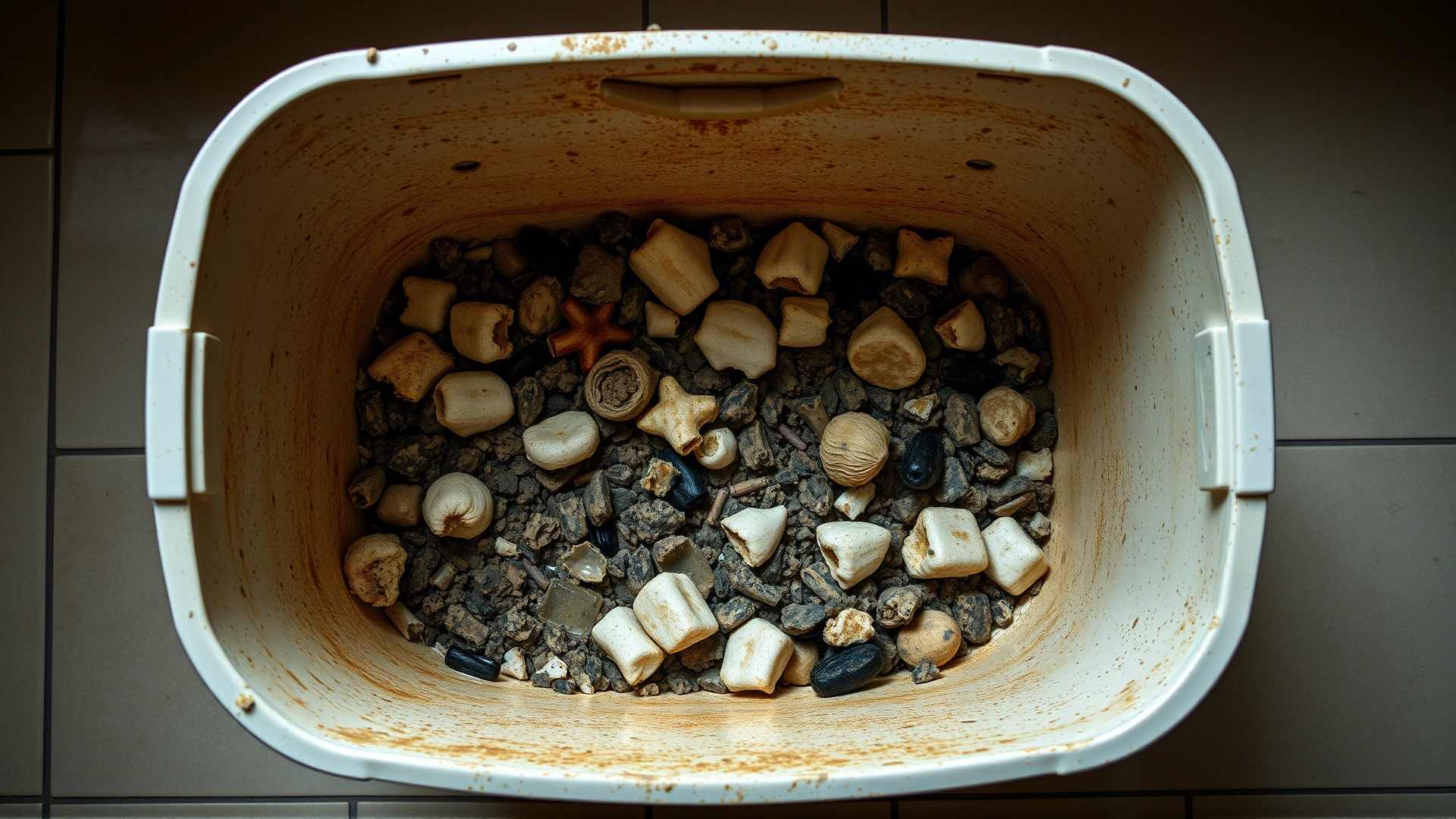 Overhead shot of a dirty, overfilled litter box with clumps and waste visible, placed on a tiled floor to illustrate poor hygiene.