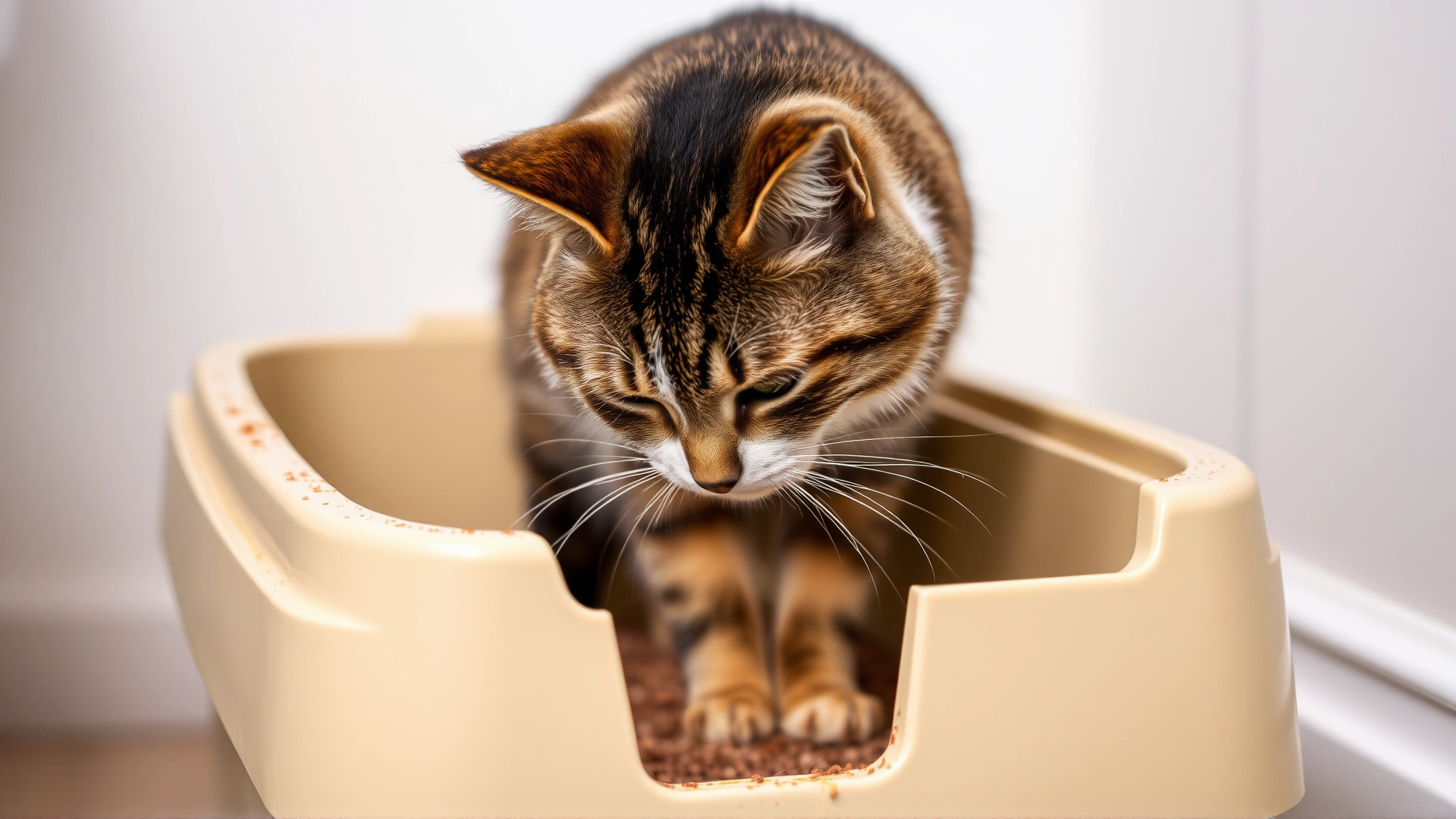 Cat sniffing an overfilled, visibly dirty litter box against a neutral bathroom background.