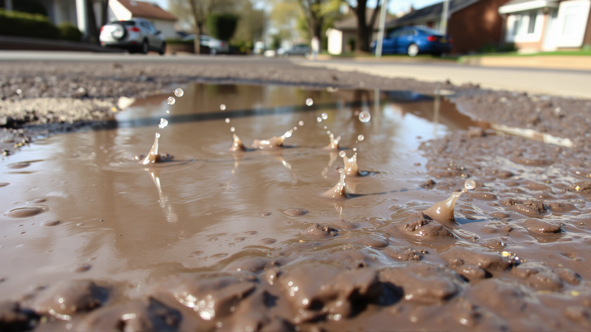 Close-up of a muddy puddle in a suburban street with splashes, emphasizing dirty water, no animals, no text.