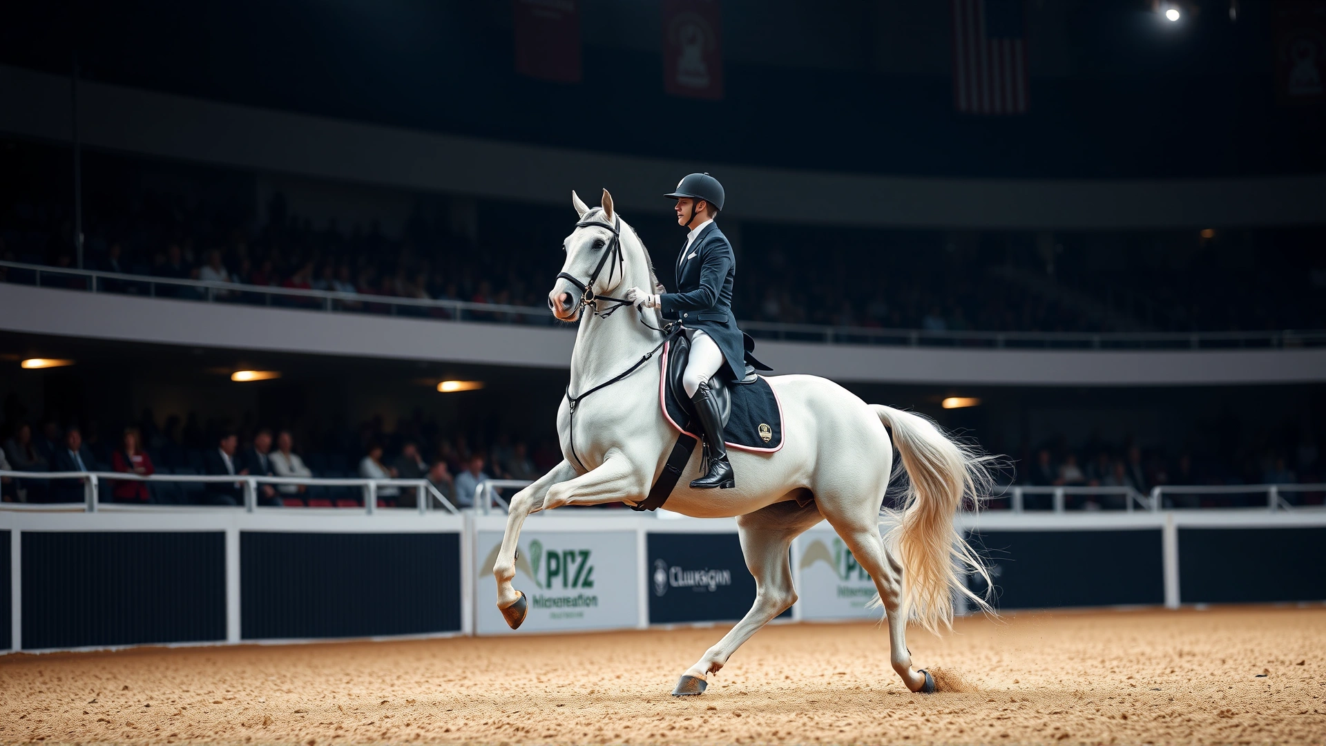 Knabstrupper performing an elegant dressage movement in a competition arena, rider in formal attire