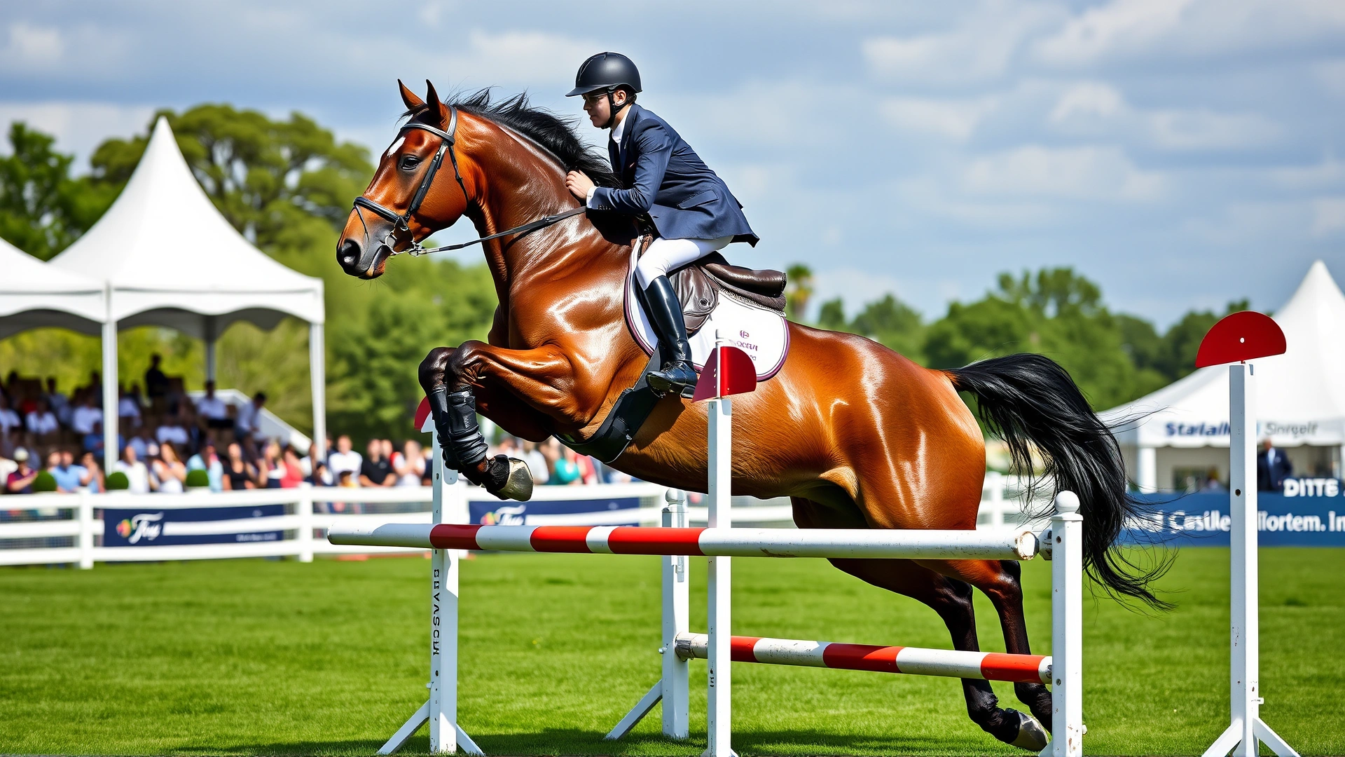 Morab horse clearing a low jump during an outdoor equestrian competition, rider wearing classic show attire, no text