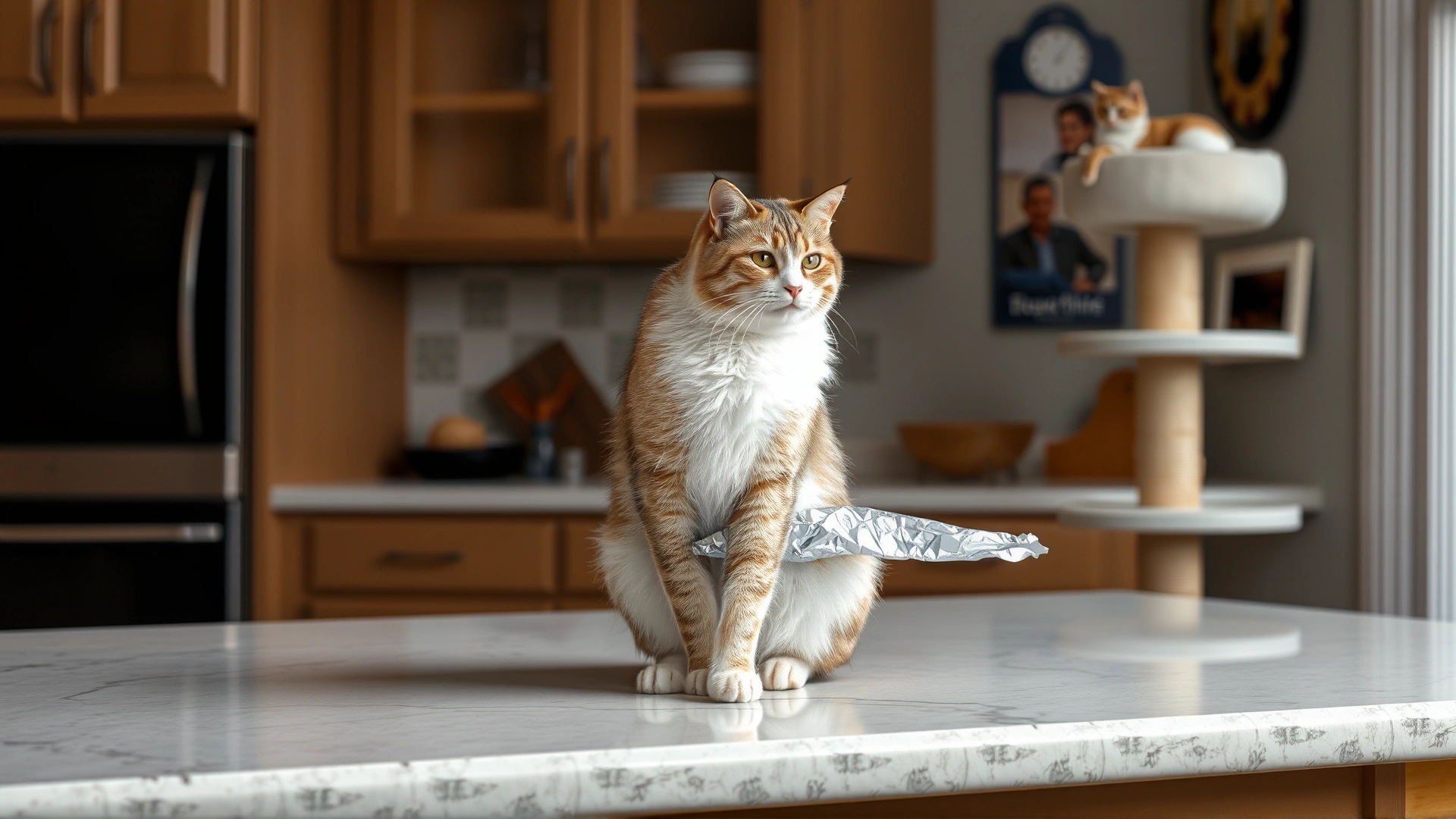 A kitchen counter with harmless aluminum foil covering the edge while a cat chooses to sit on a nearby cat tower instead, demonstrating behavior redirection.