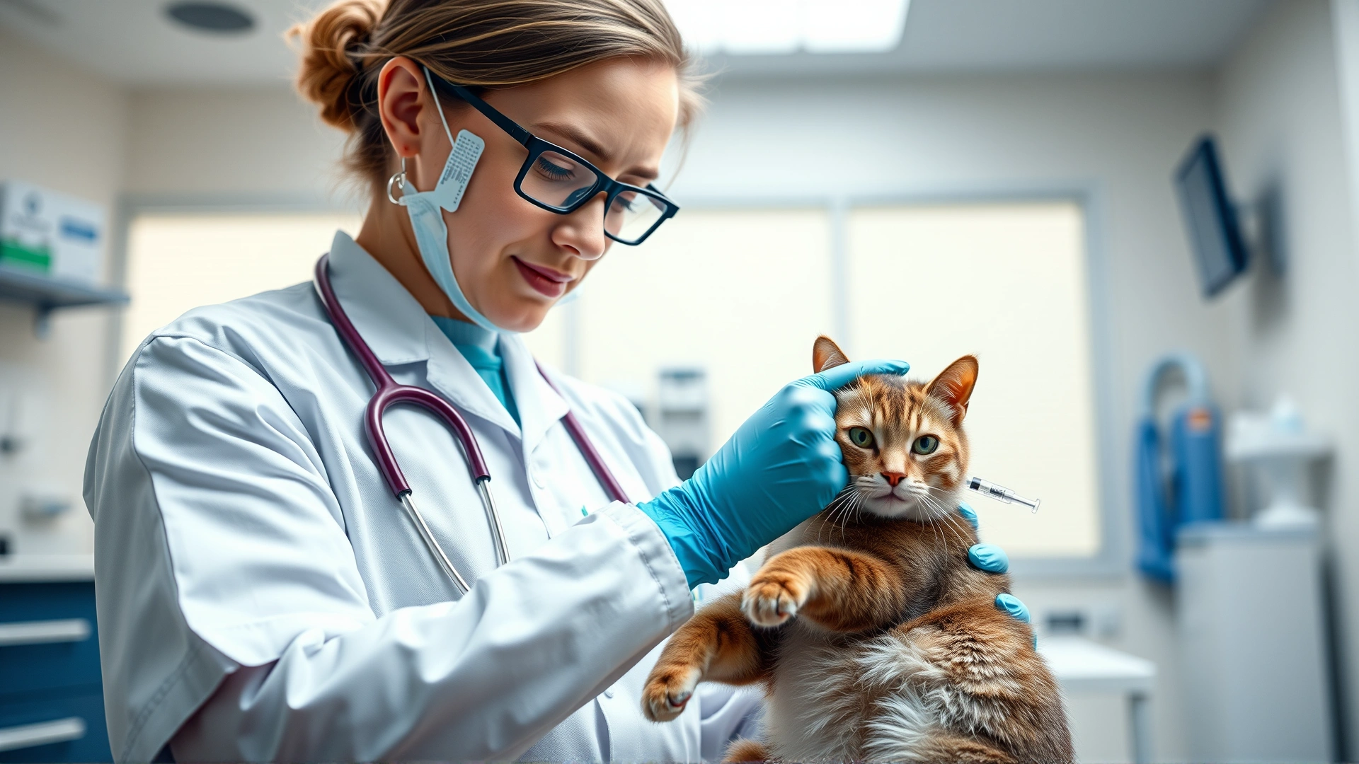 Veterinarian holding a cat gently while administering a vaccine in a bright, modern clinic, no text.
