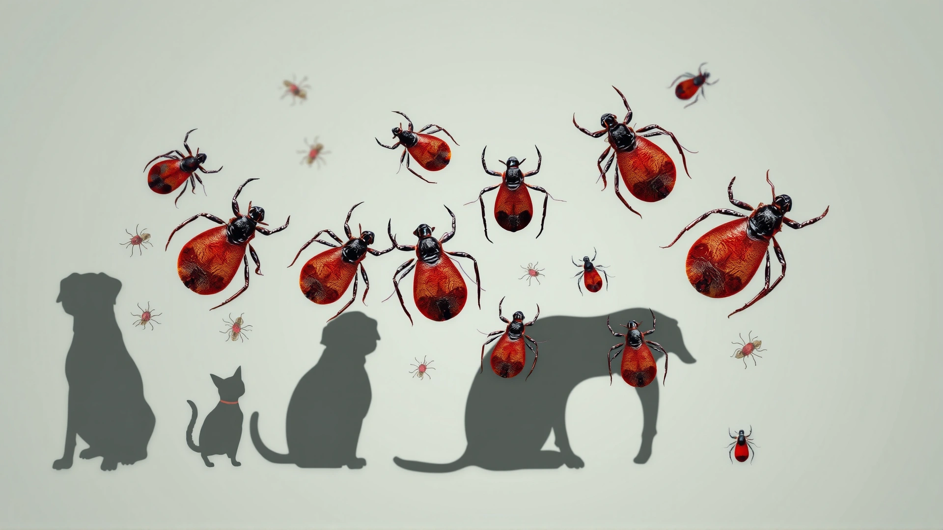 Conceptual image of various ticks overlaid on silhouettes of dog, cat, and human to represent disease transmission, no text