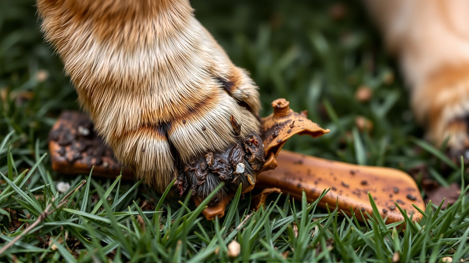 Close-up of a dog's paw touching a dirty, torn chew toy lying on grass, illustrating contamination risk.