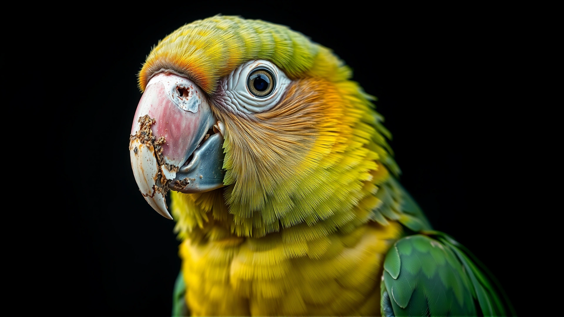 Close-up portrait of a parrot with missing feathers and overgrown, cracked beak to illustrate PBFD symptoms