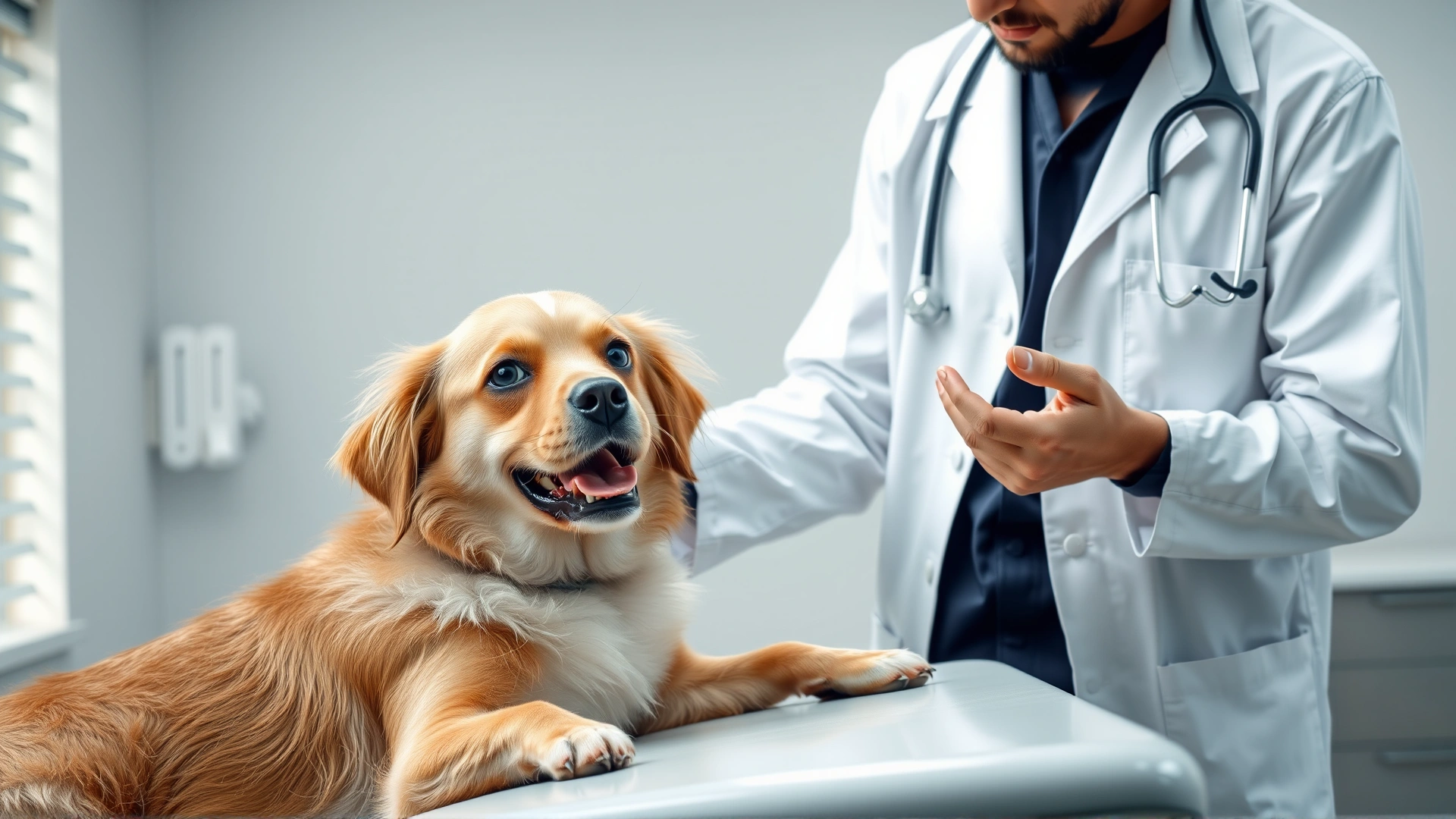 Veterinarian in white coat examining a dog on an exam table, with stethoscope and caring expression, clinic environment