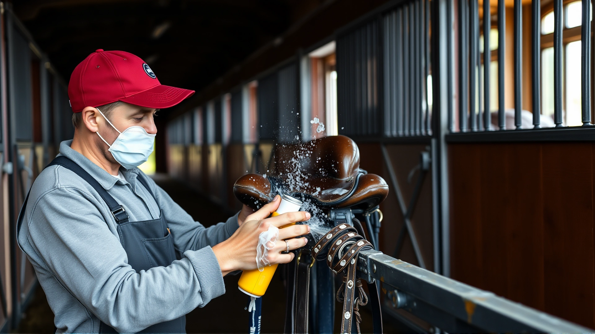 Stable worker washing saddle and bridle with disinfectant solution in a barn aisle; focus on cleaning process, realistic lighting, no text