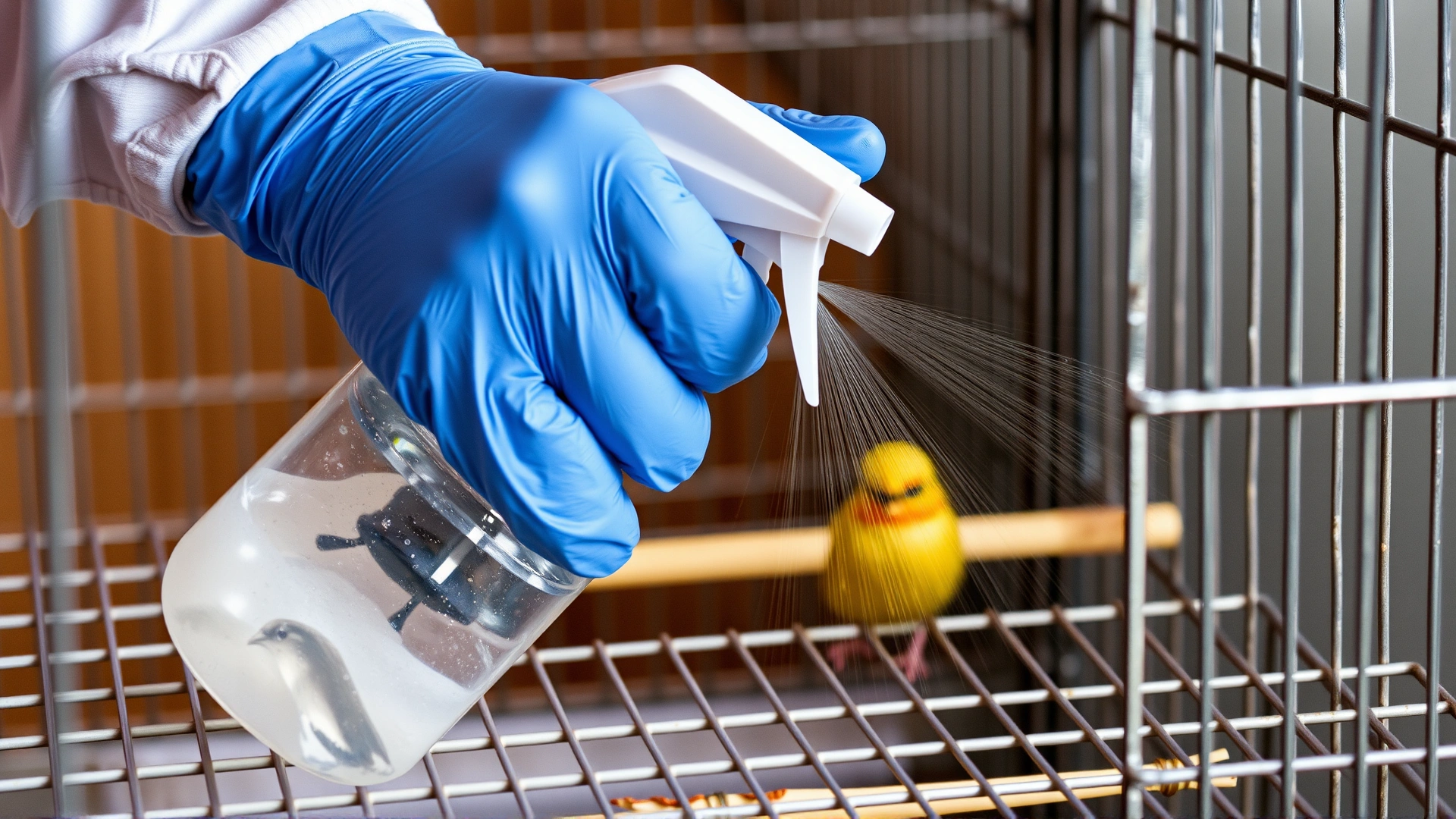 Close-up of gloved hands cleaning and spraying disinfectant on a metal bird cage tray. Focused on hygiene, no text.