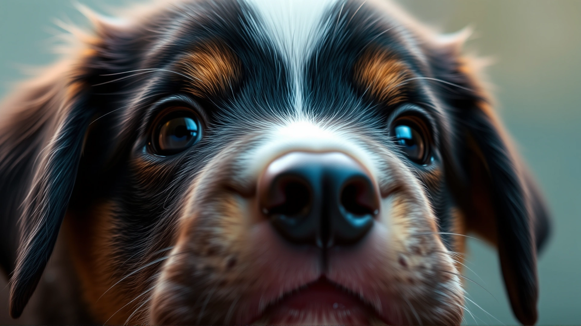 Close-up of a puppy with watery eyes looking sad, slight nasal discharge visible.