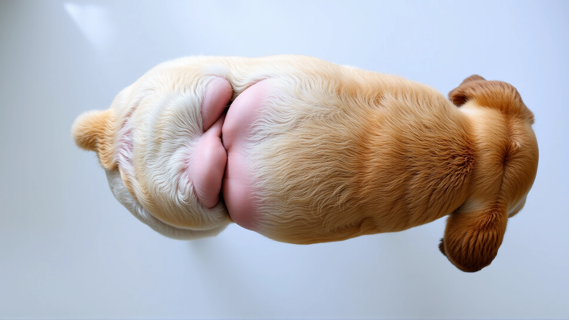 Overhead view of a senior dog standing with a noticeably swollen abdomen indicative of fluid buildup, plain white floor, clear medical context.