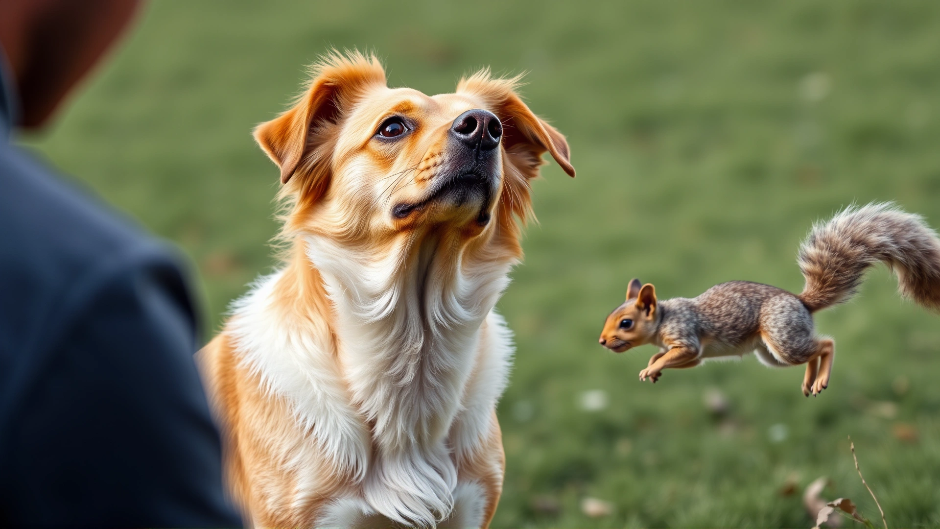 Dog keeping eye contact with owner while a squirrel runs nearby, illustrating distraction training success.