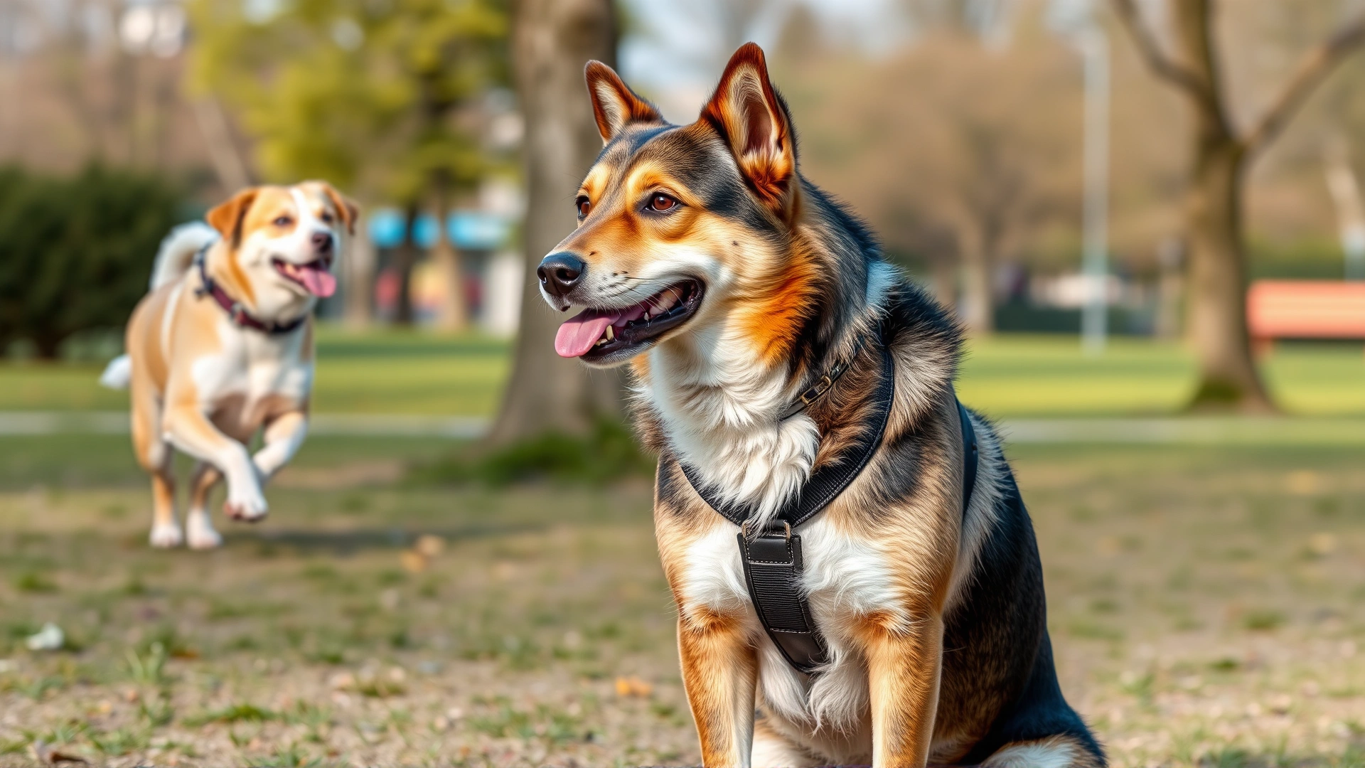 Dog maintaining a stay position at a park while another dog jogs past in the background.