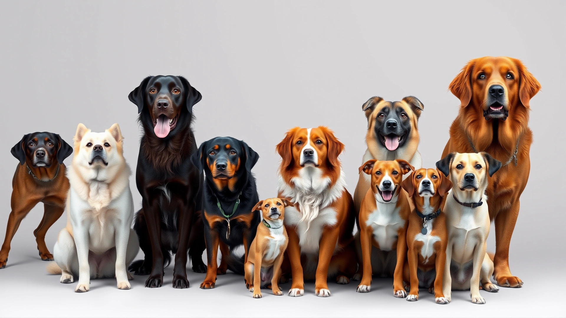 Group shot of multiple dog breeds, small to large, standing together in a row in a studio setting with neutral background highlighting size differences