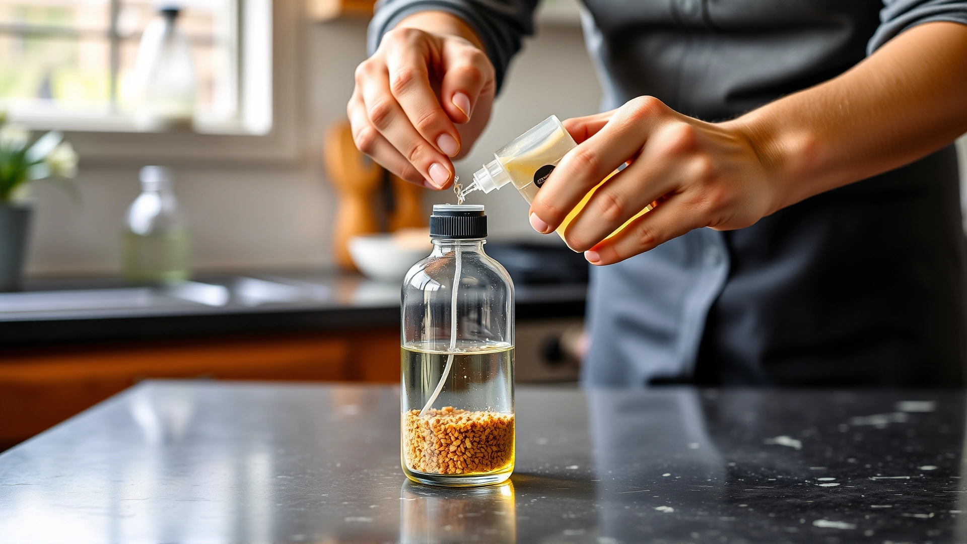 Person's hands mixing natural ingredients in a small spray bottle on a kitchen counter, illustrating DIY dog spray preparation.