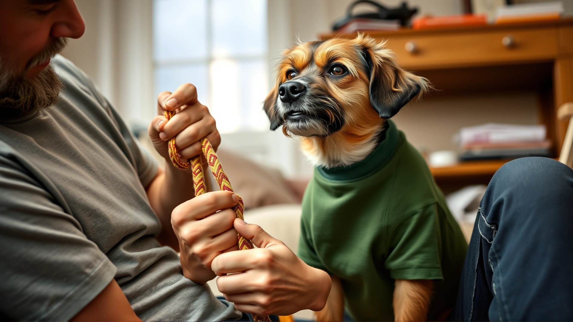 Owner crafting a DIY tug toy from an old T-shirt while their curious dog watches nearby