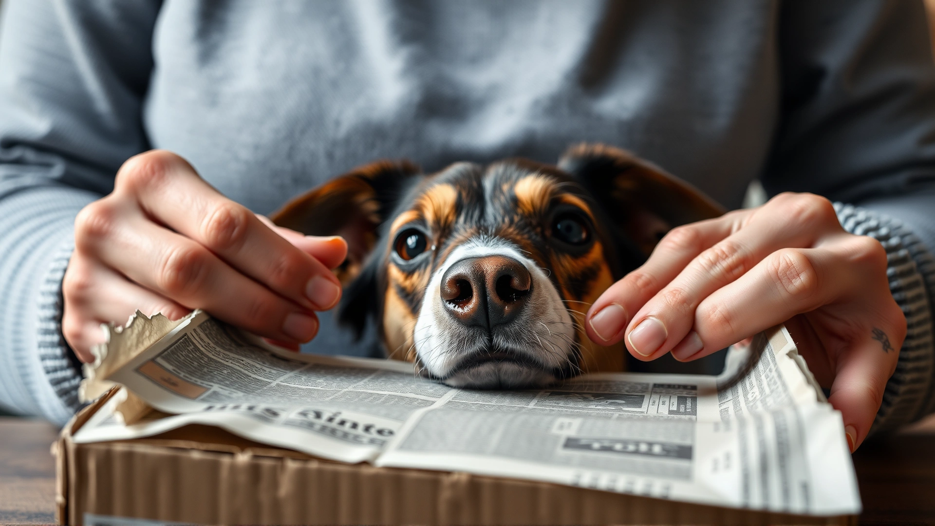 Hands of a pet owner crafting a DIY enrichment toy using a recycled cardboard box and newspaper, with curious dog nose peeking into frame