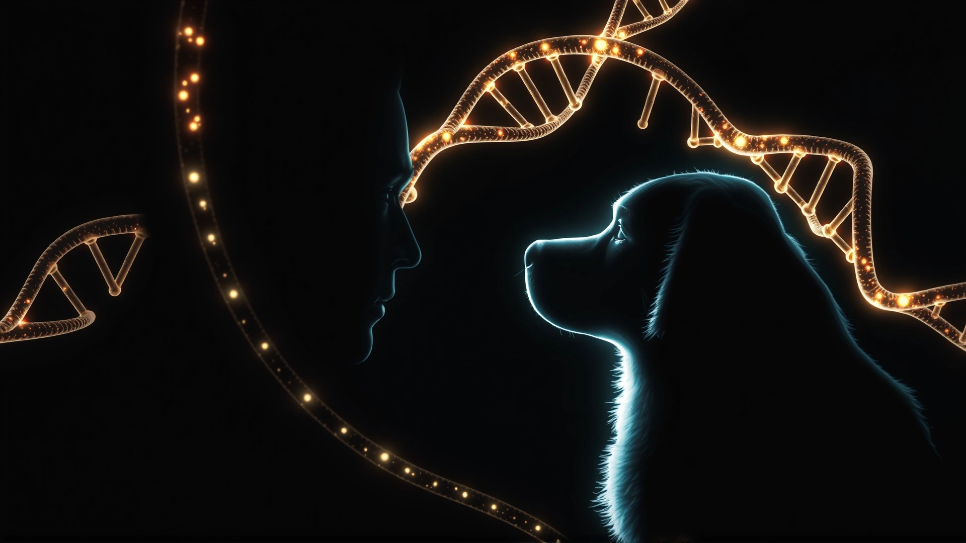 Conceptual image of intertwined glowing DNA strands overlaying silhouettes of a human and a dog facing each other on a dark background, illustrating coevolution.