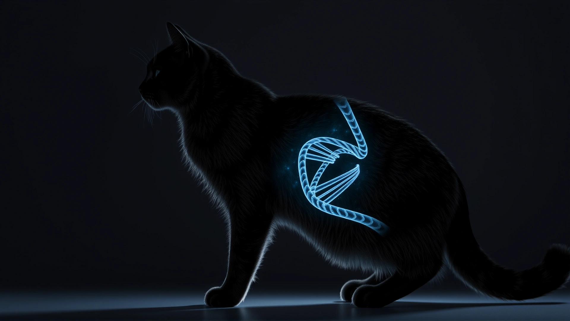 Conceptual image of a domestic short-hair cat silhouette with a translucent DNA double helix overlay.